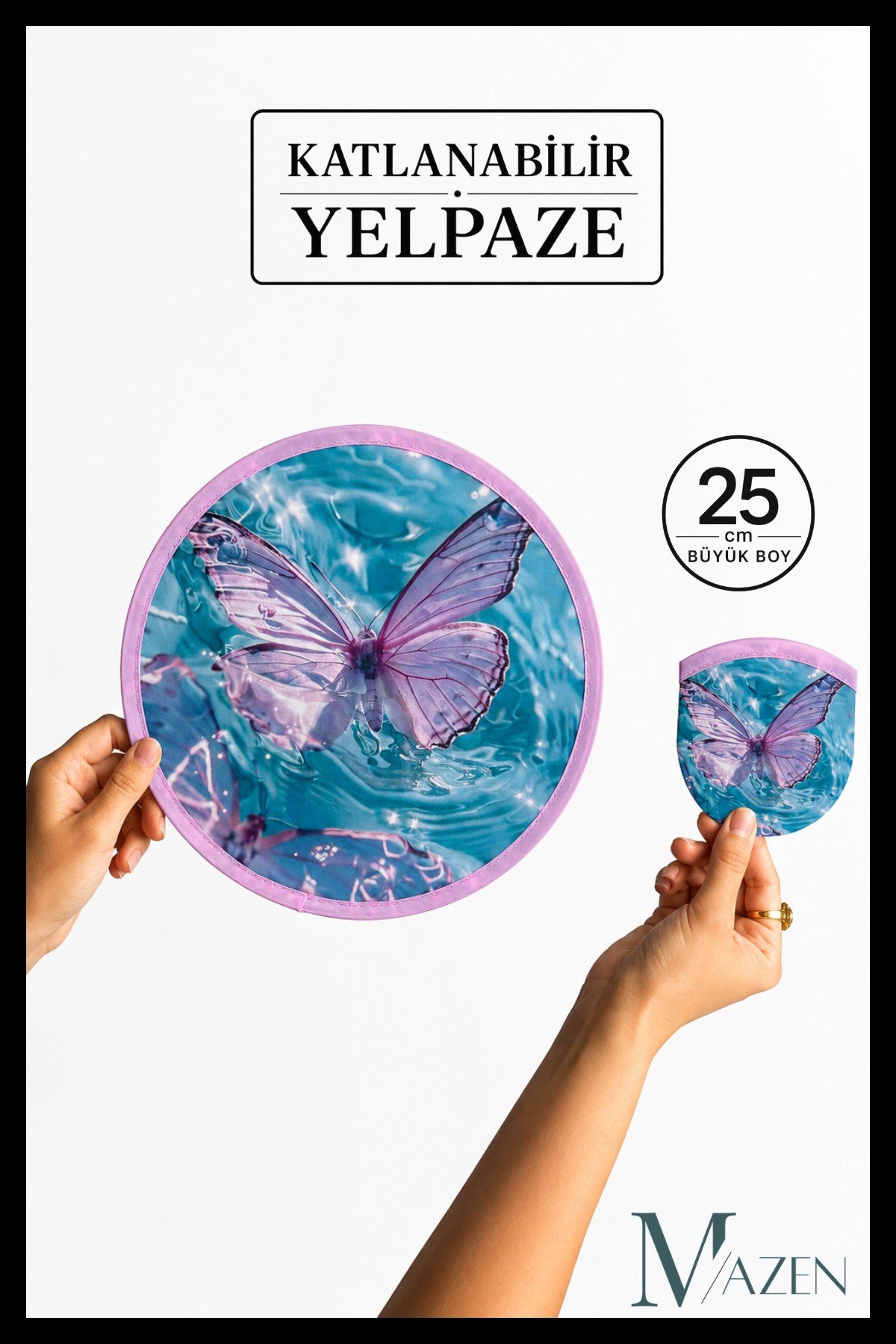 Katlanabilir Yelpaze 25 cm Büyük Boy Kore Yelpazesi Kelebek Desenli Taşınabilir El Yelpazesi