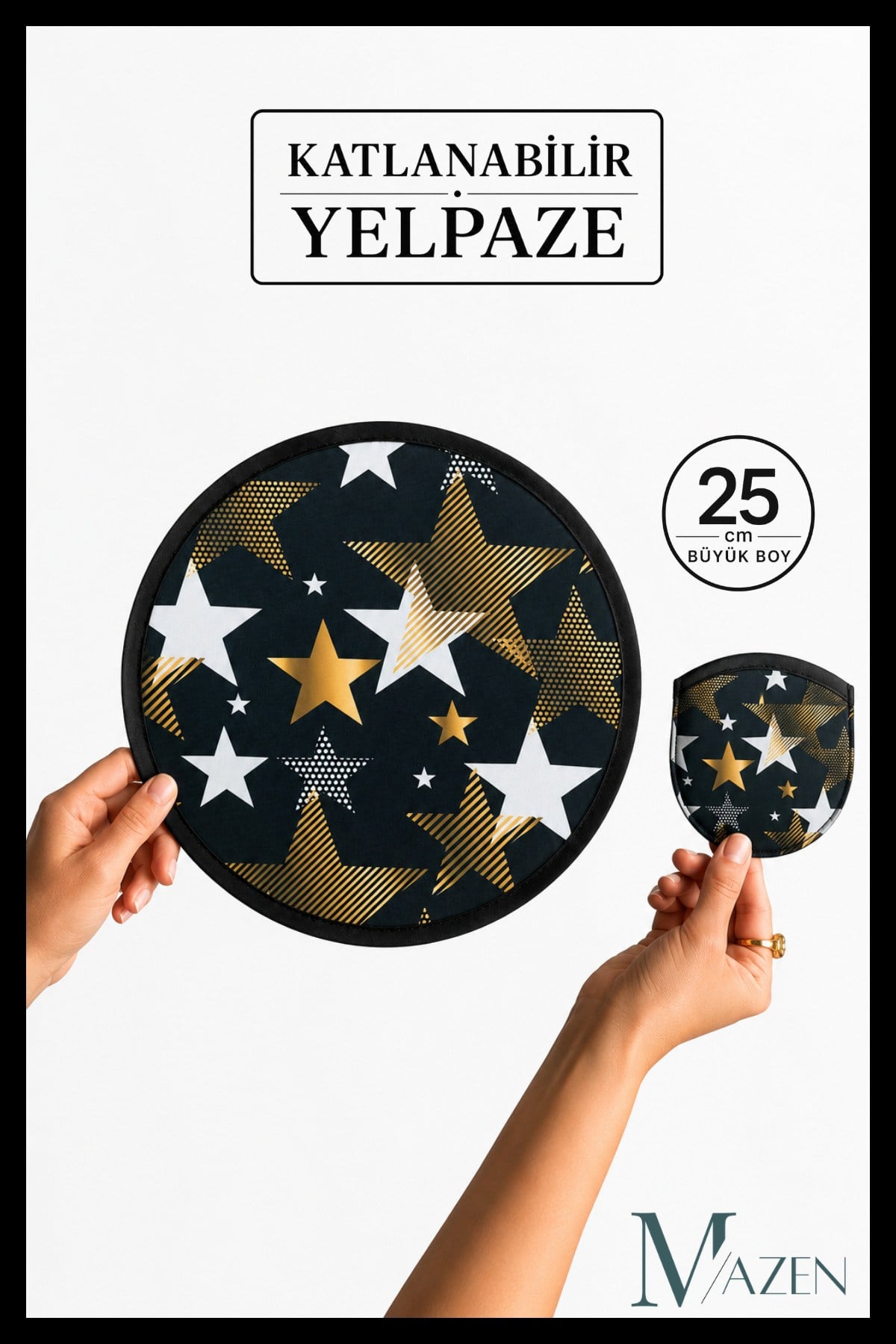 Katlanabilir Yelpaze 25 cm Büyük Boy Kore Yelpazesi Yıldız Desenli Taşınabilir El Yelpazesi
