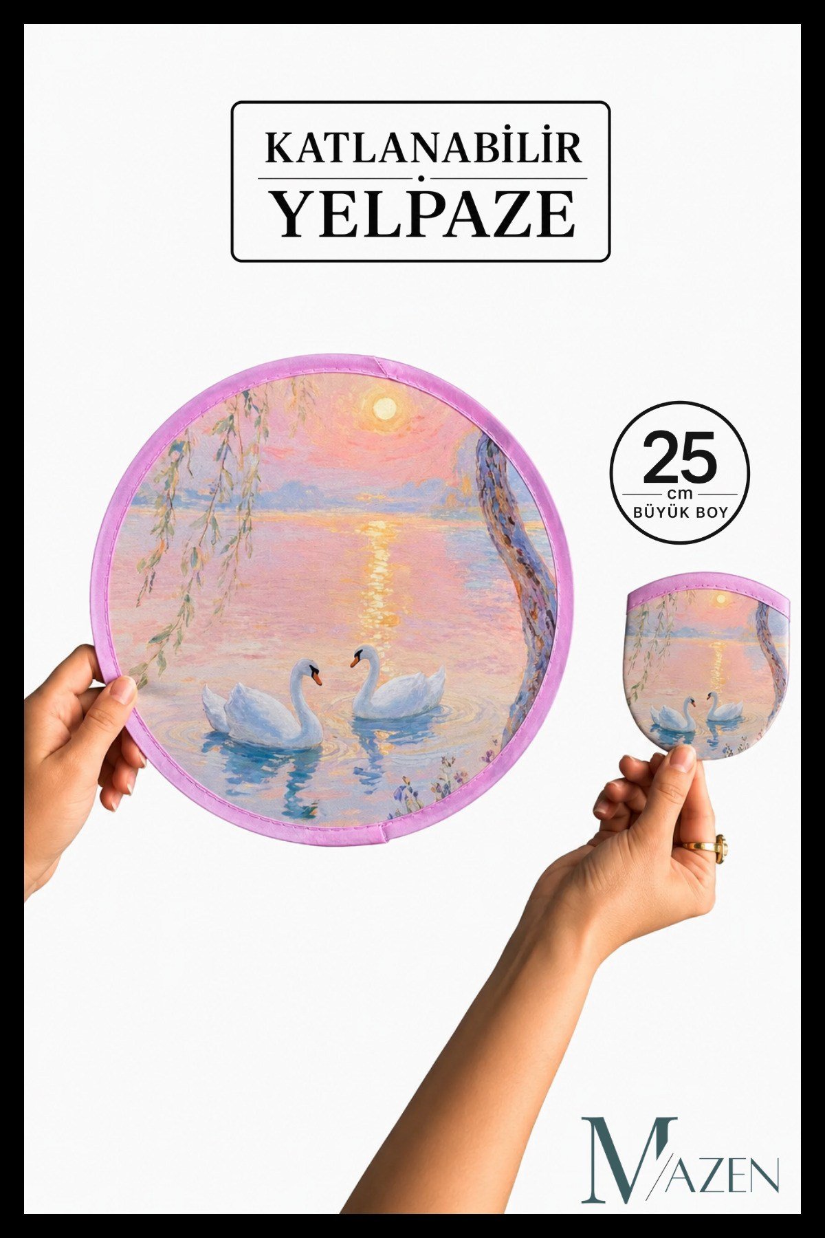 Katlanabilir Yelpaze 25 cm Büyük Boy Kore Yelpazesi Kuğu Desenli Taşınabilir El Yelpazesi