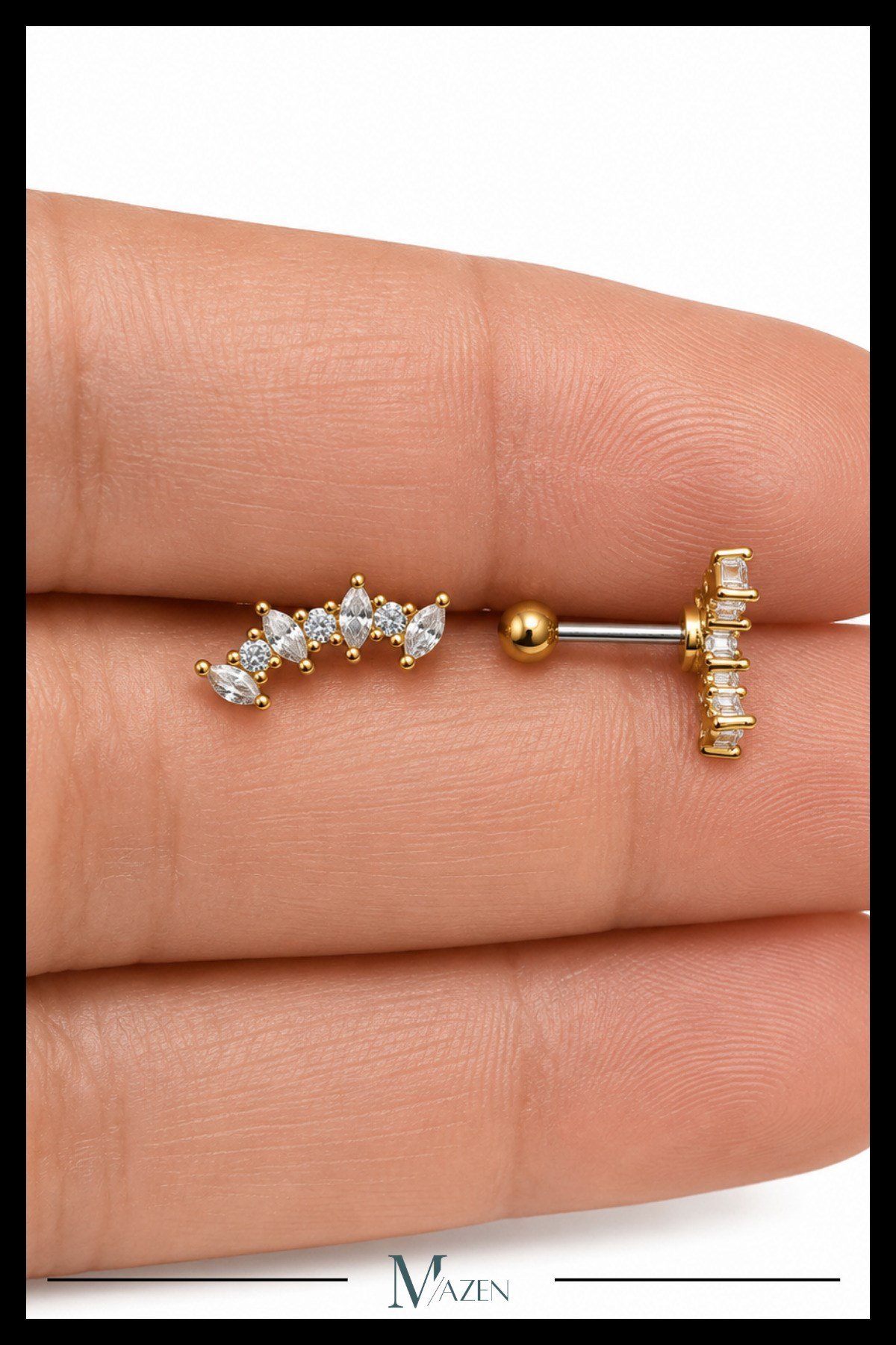 Kavisli Taç Tragus Piercing Çelik Gold Renk Modern Taşlı Tasarım