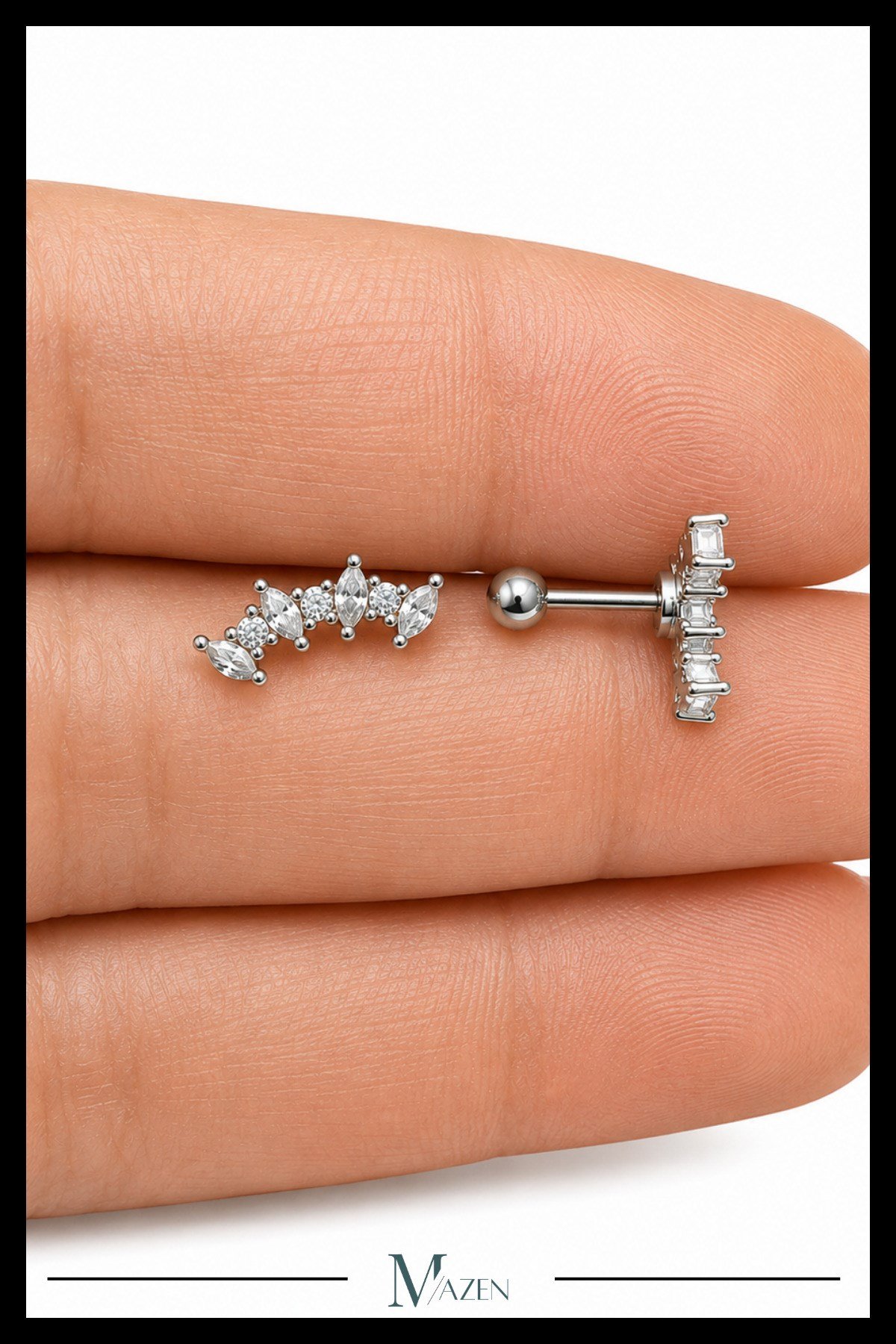 Kavisli Taç Tragus Piercing Çelik Gümüş Renk Modern Taşlı Tasarım