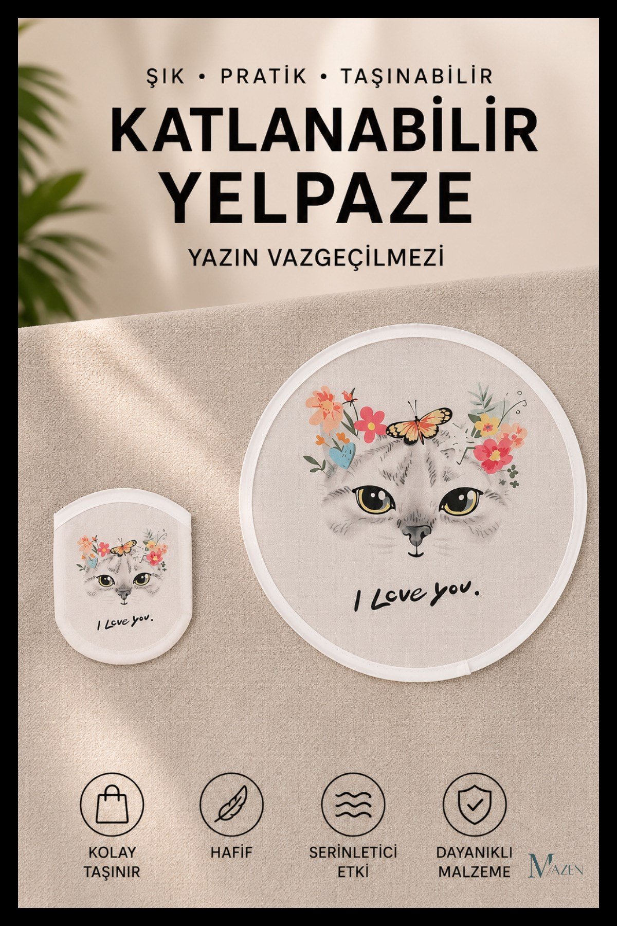 Kedi Desenli Katlanabilir Yuvarlak Yazlık Taşınabilir El Yelpazesi