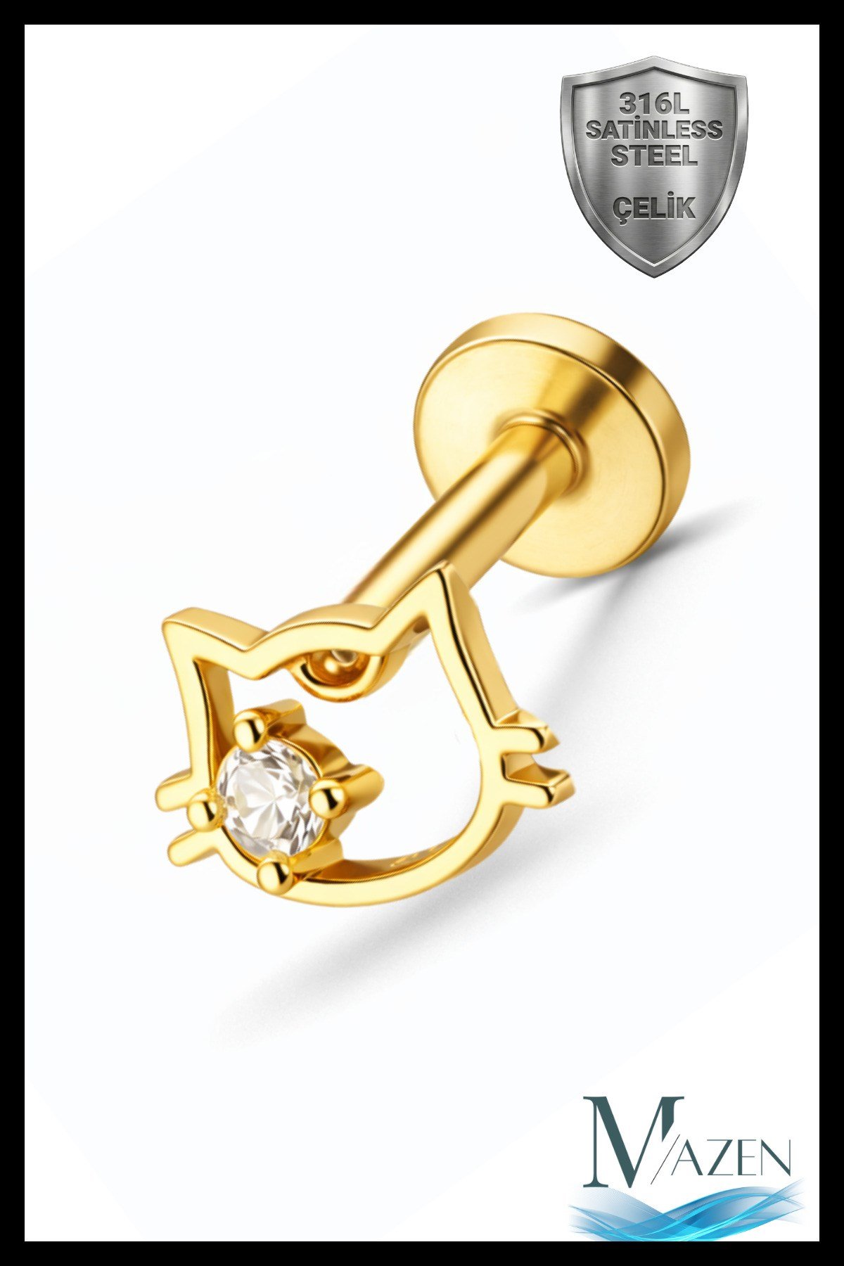 Kedi Figürlü Tragus Helix Piercing | Çelik | Flat Back Arkası Düz | Kararmaz | Küpe