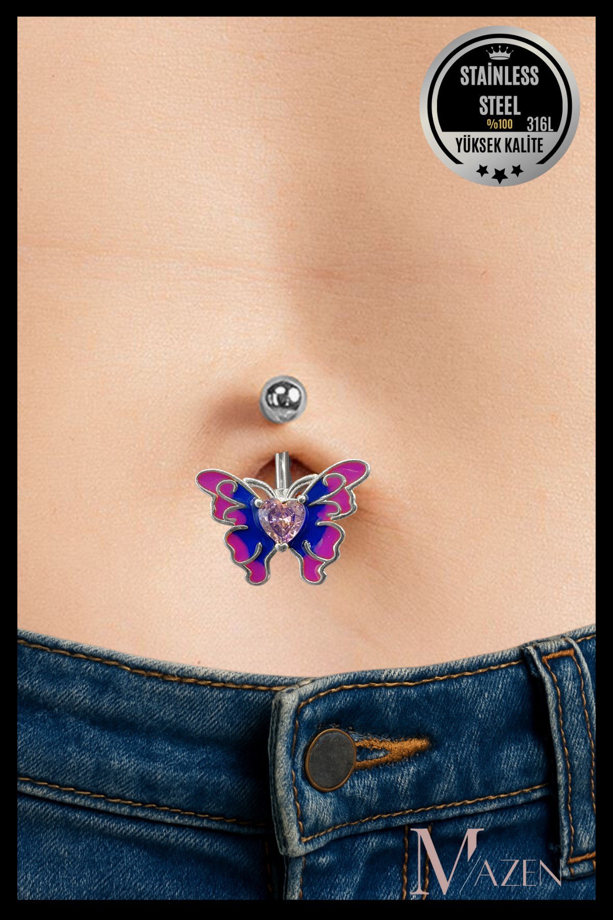 Kelebek Model Göbek Piercing | 316L Çelik | Mor Pembe Renkli Kalpli | Kadın Takı Aksesuar | Pirsing