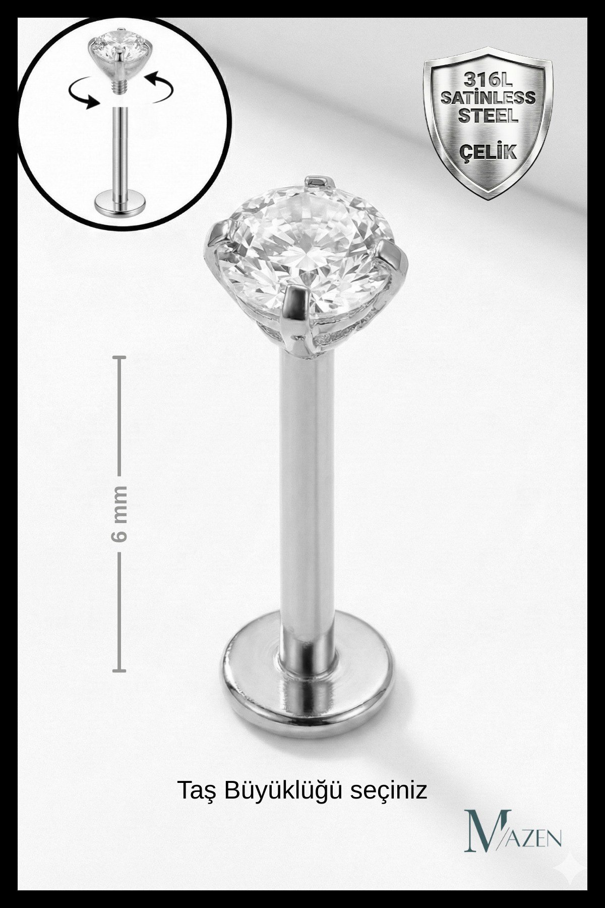 Kısa Barlı ( 6 mm ) Cerrahi Çelik Taşlı Piercing, Tragus Gümüş Renk ( Taş Ebat Seçiniz)