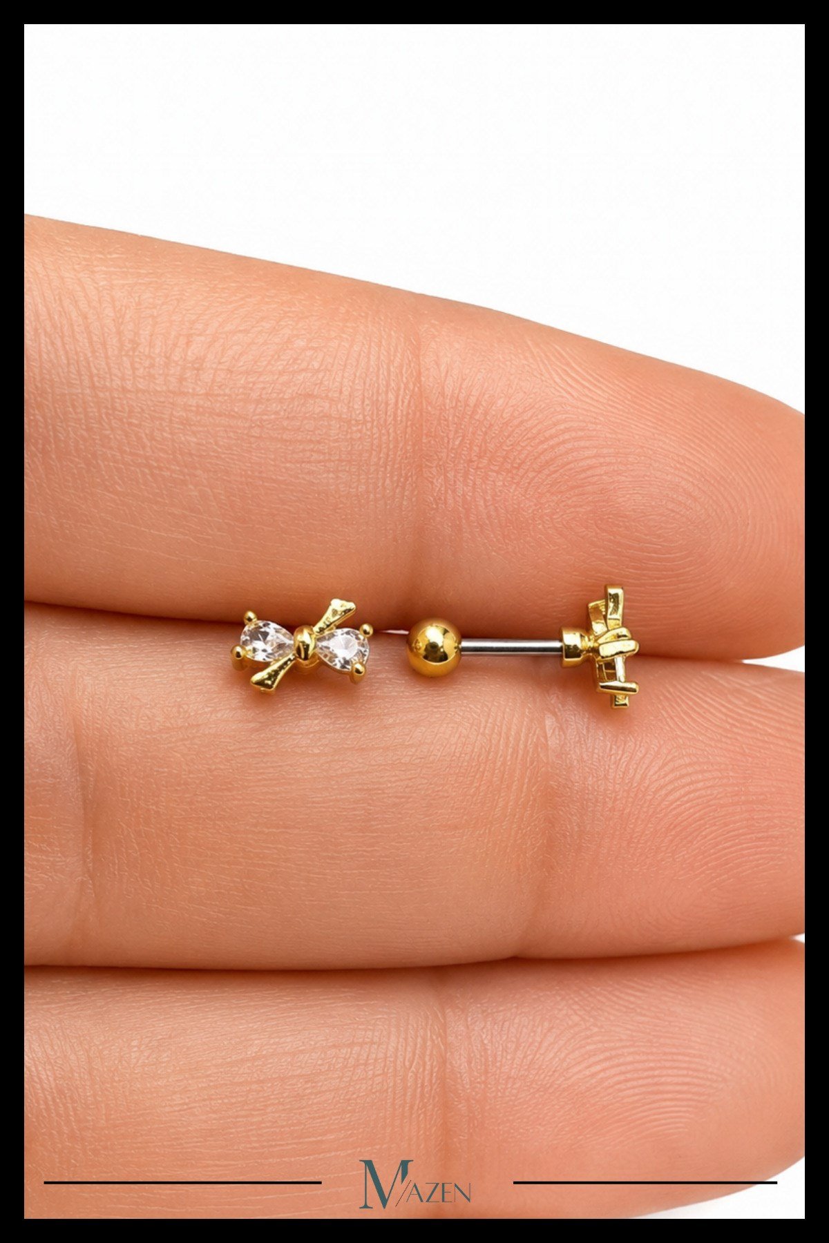 Kristal Fiyonk Tragus Piercing Çelik Gold Renk Şık Zirkon Taşlı