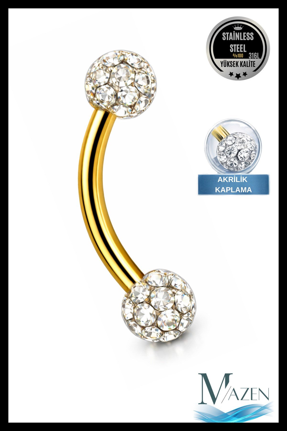Kristal Taşlı Kaş Piercing | 316L Çelik | Gold Renk