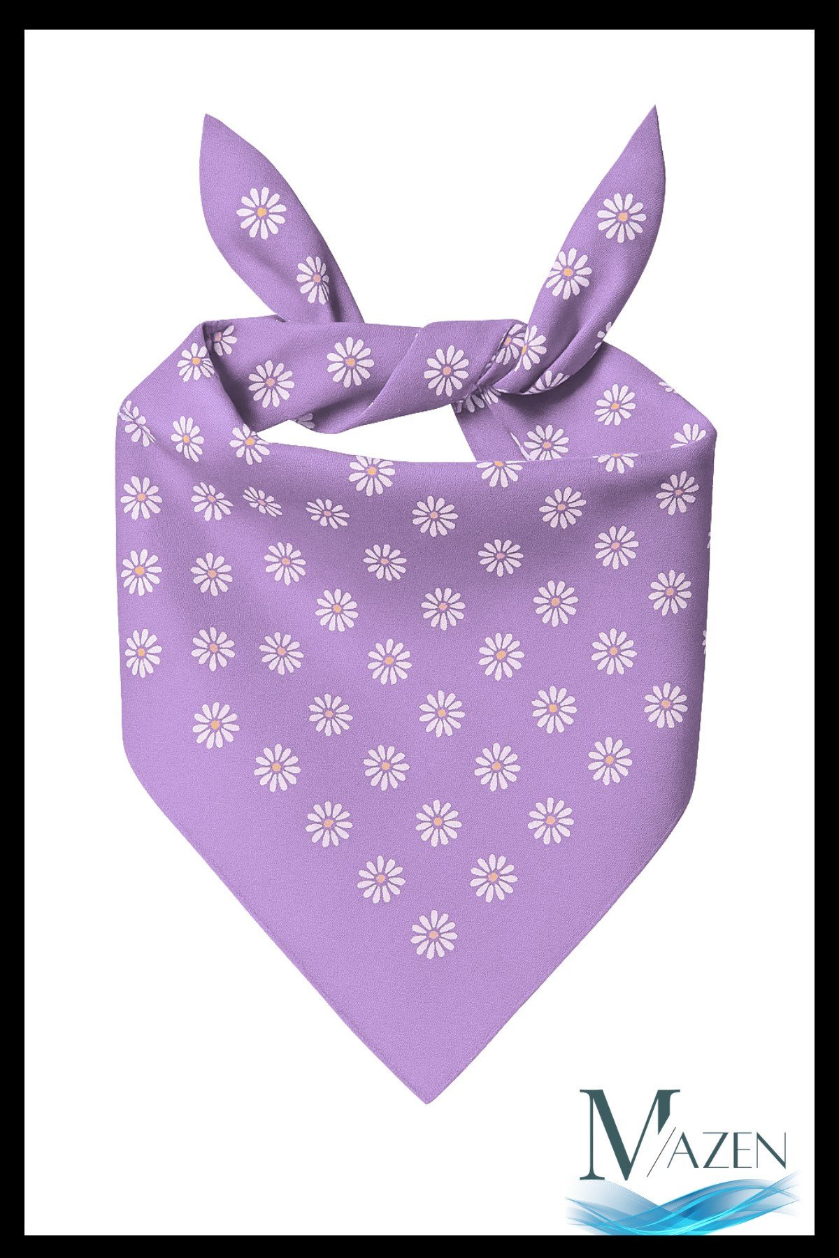 Lila Renk Bandana | Beyaz Papatya Desenli | Unisex Fular & Aksesuar 50x50