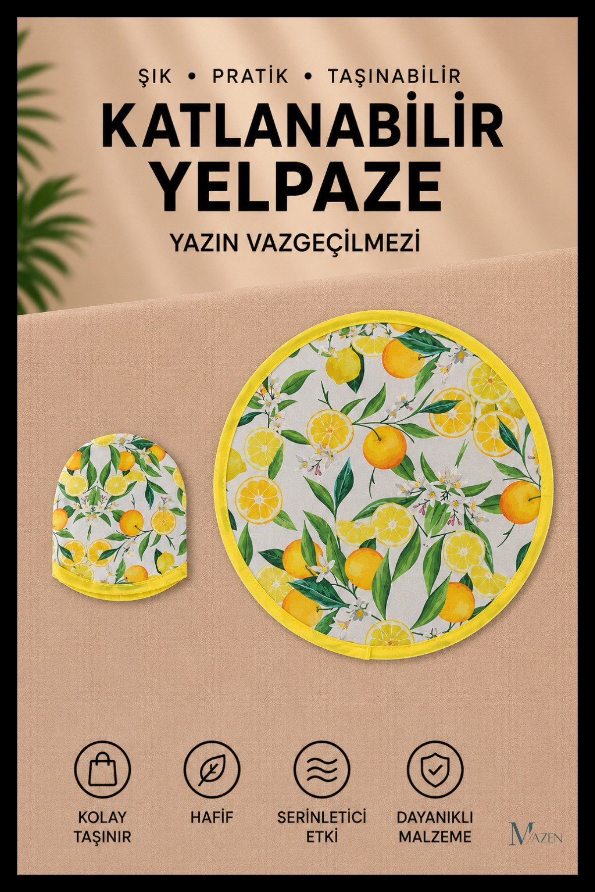 Limon Desenli Katlanabilir Yuvarlak Yazlık Taşınabilir El Yelpazesi