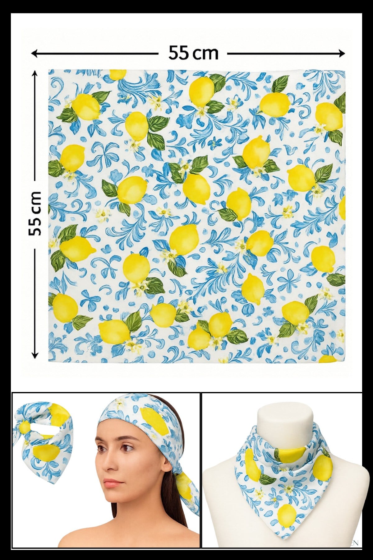 Limon Desenli Mavi Beyaz Bandana Fular | 55x55 cm | Saten Kare Eşarp | Kadın Saç Aksesuarı
