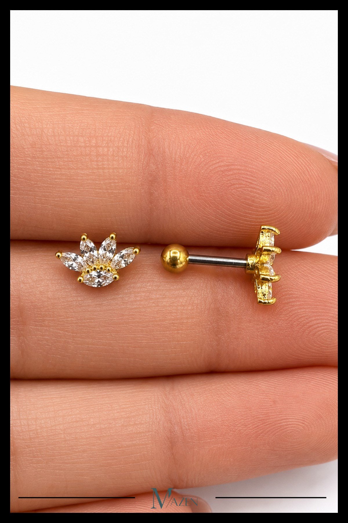 Lotus Çiçeği Tragus Piercing Çelik Gold Renk Estetik Zirkon Taşlı