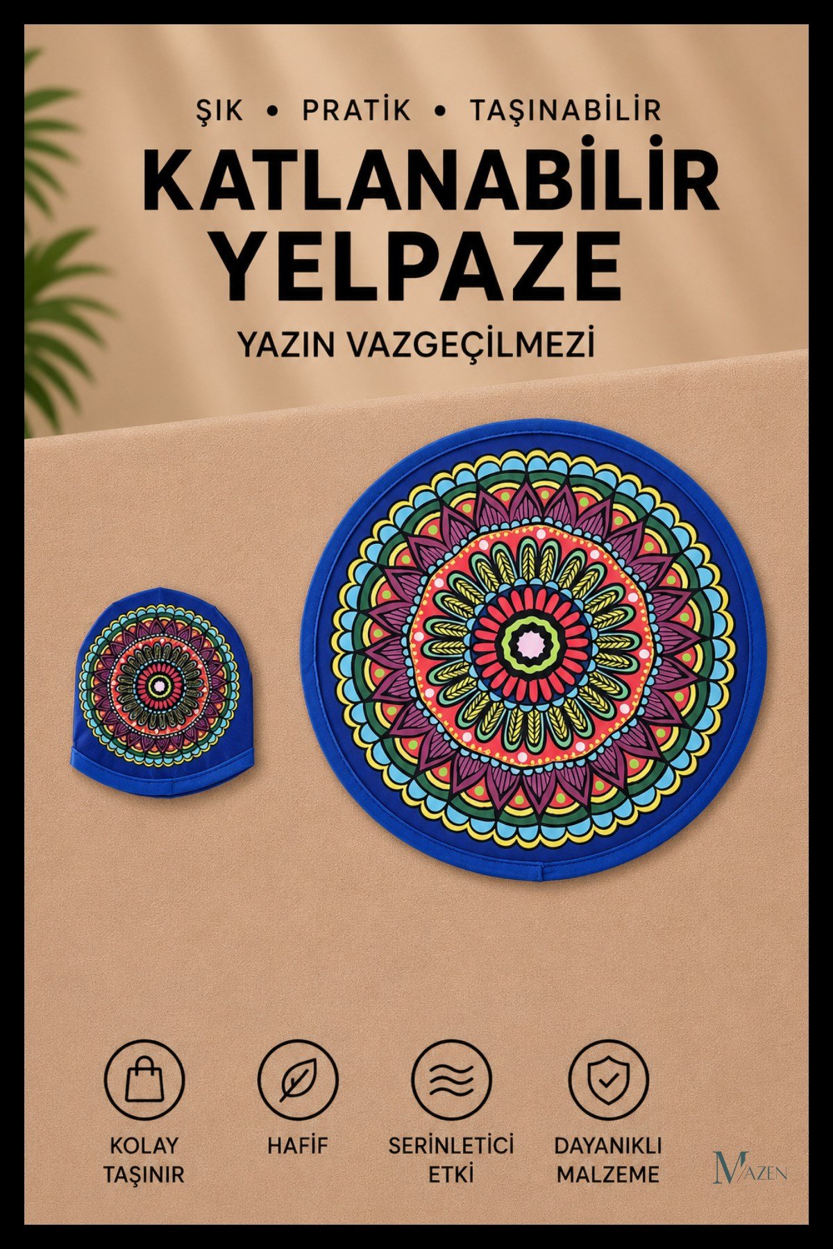 Mandala Desenli Katlanabilir Yuvarlak Yazlık Taşınabilir El Yelpazesi