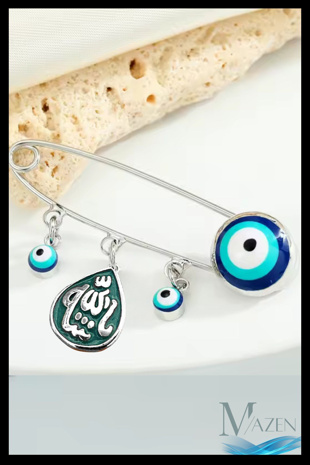 Maşallah Yazılı Nazar Boncuklu Iğne Broş | Gümüş Renk Metal | Bebek Ve Takı Aksesuarı (ما شاء الله)