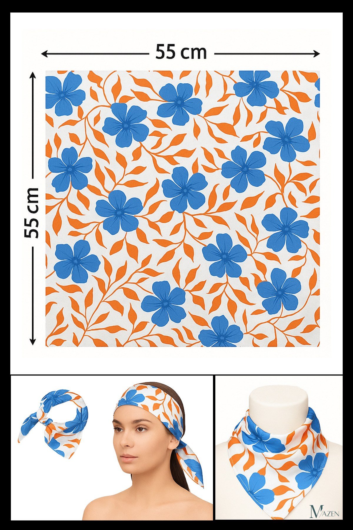 Mavi Çiçek Turuncu Yaprak Desenli Bandana | 55x55 cm | Saten Kare Fular | Saç Aksesuarı