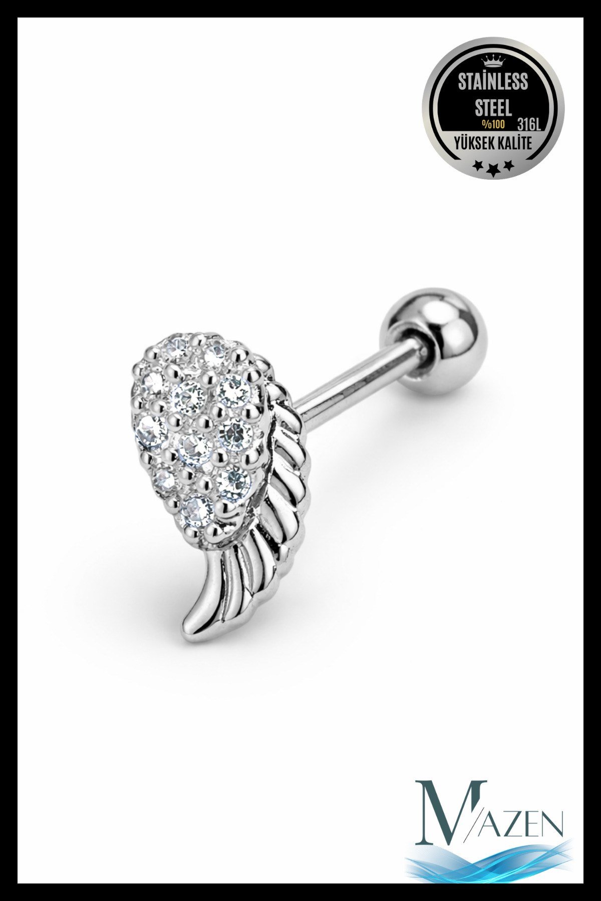 Melek Kanadı Tragus Piercing | Zirkon Taşlı Gold 316L Çelik Kıkırdak Helix