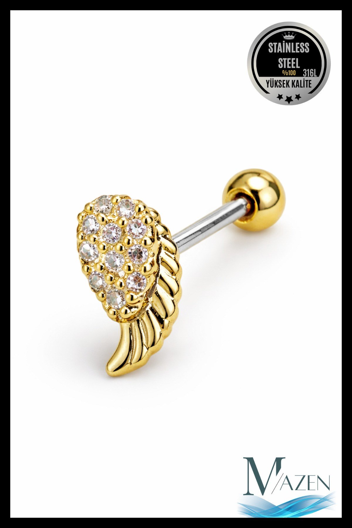 Melek Kanadı Tragus Piercing | Zirkon Taşlı Gold 316L Çelik Kıkırdak Helix