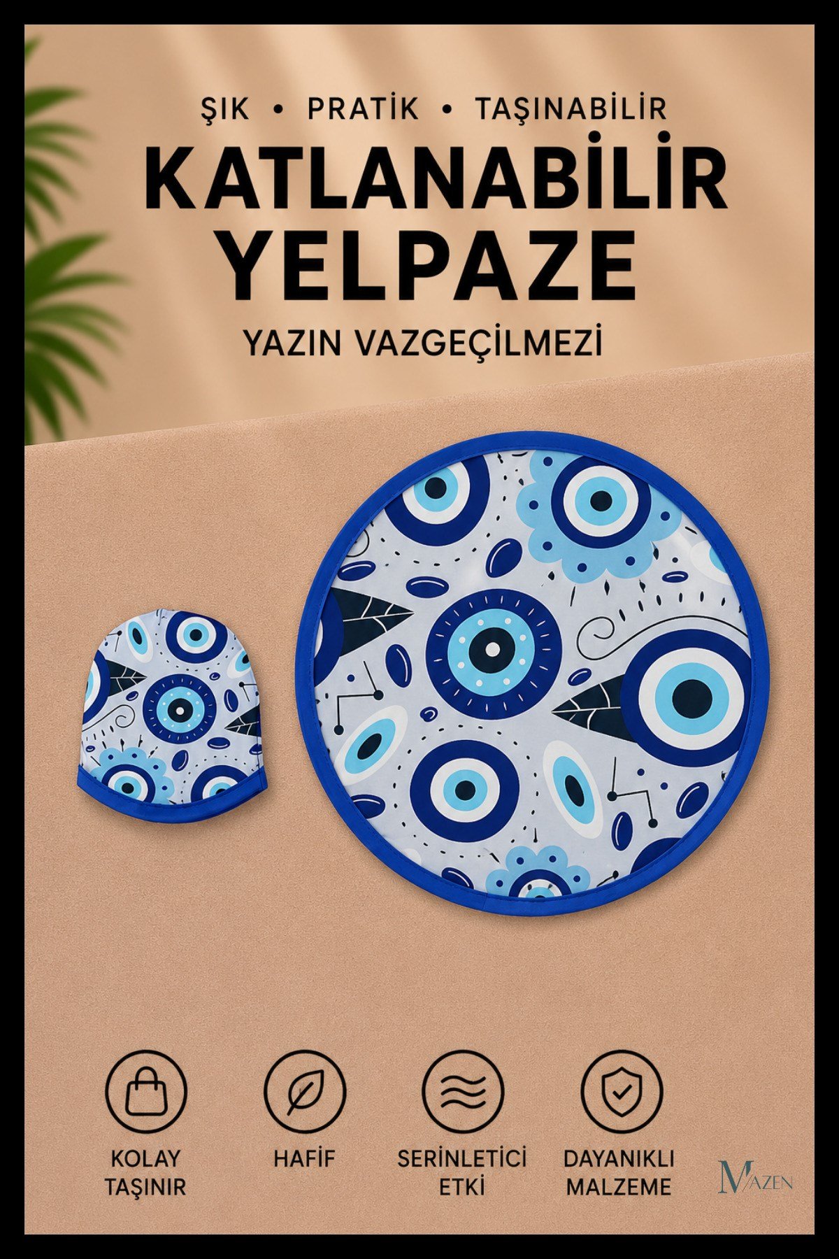 Nazar Boncuğu Desenli Katlanabilir Yuvarlak Yazlık Taşınabilir El Yelpazesi