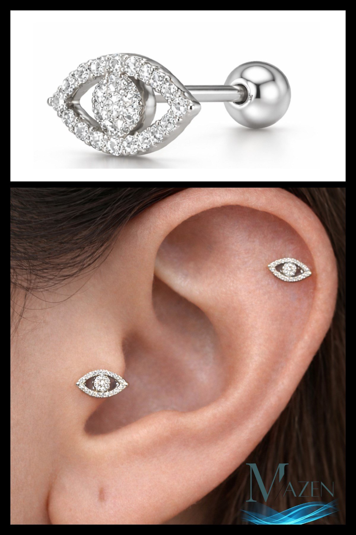 Nazar Eye Mini Tragus Helix Piercing | Taşlı Göz Model | Gümüş Renk, Çelik Bar