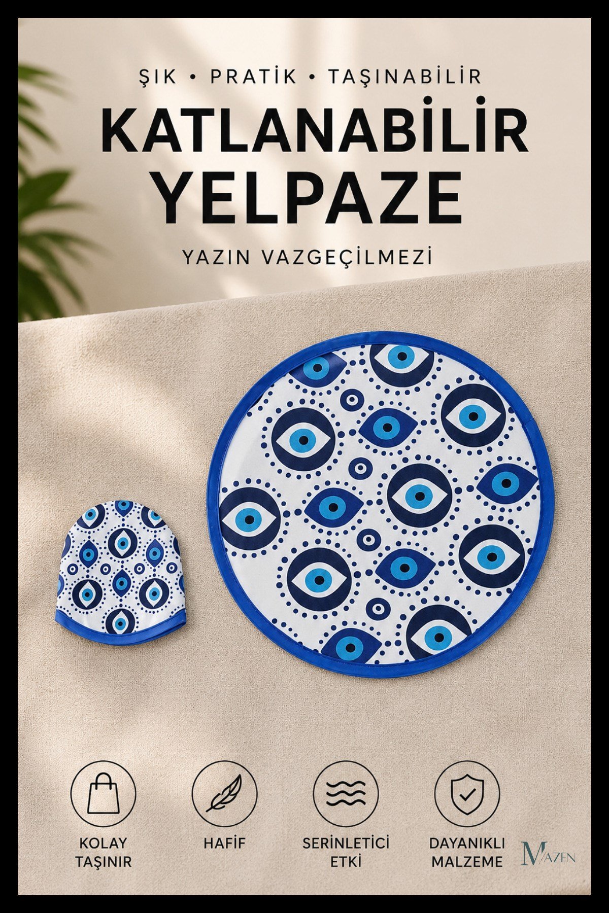 Nazar Göz Desenli Katlanabilir Yuvarlak Yazlık Taşınabilir El Yelpazesi