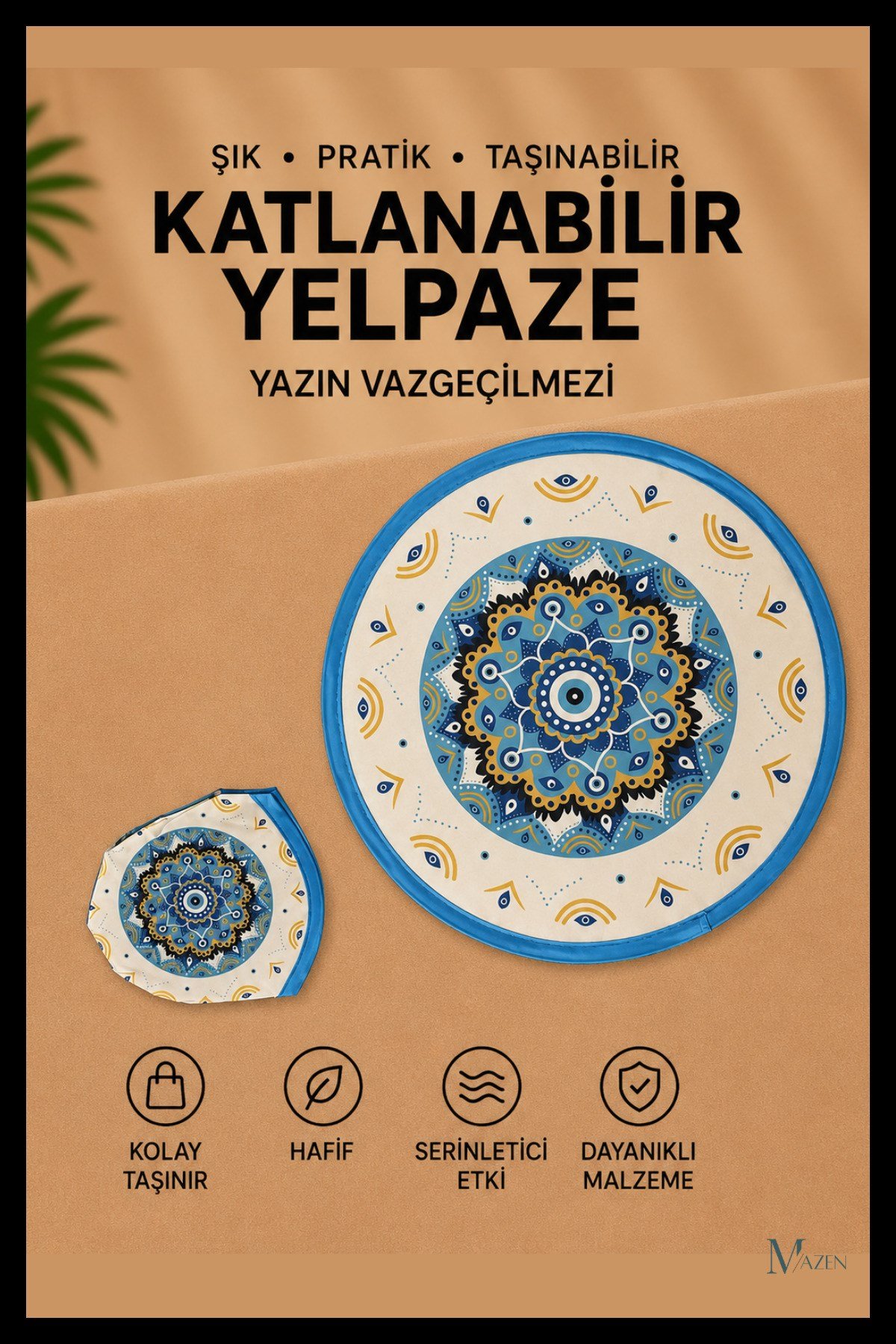 Nazar Mandala Desen Katlanabilir Yuvarlak Yazlık Taşınabilir El Yelpazesi