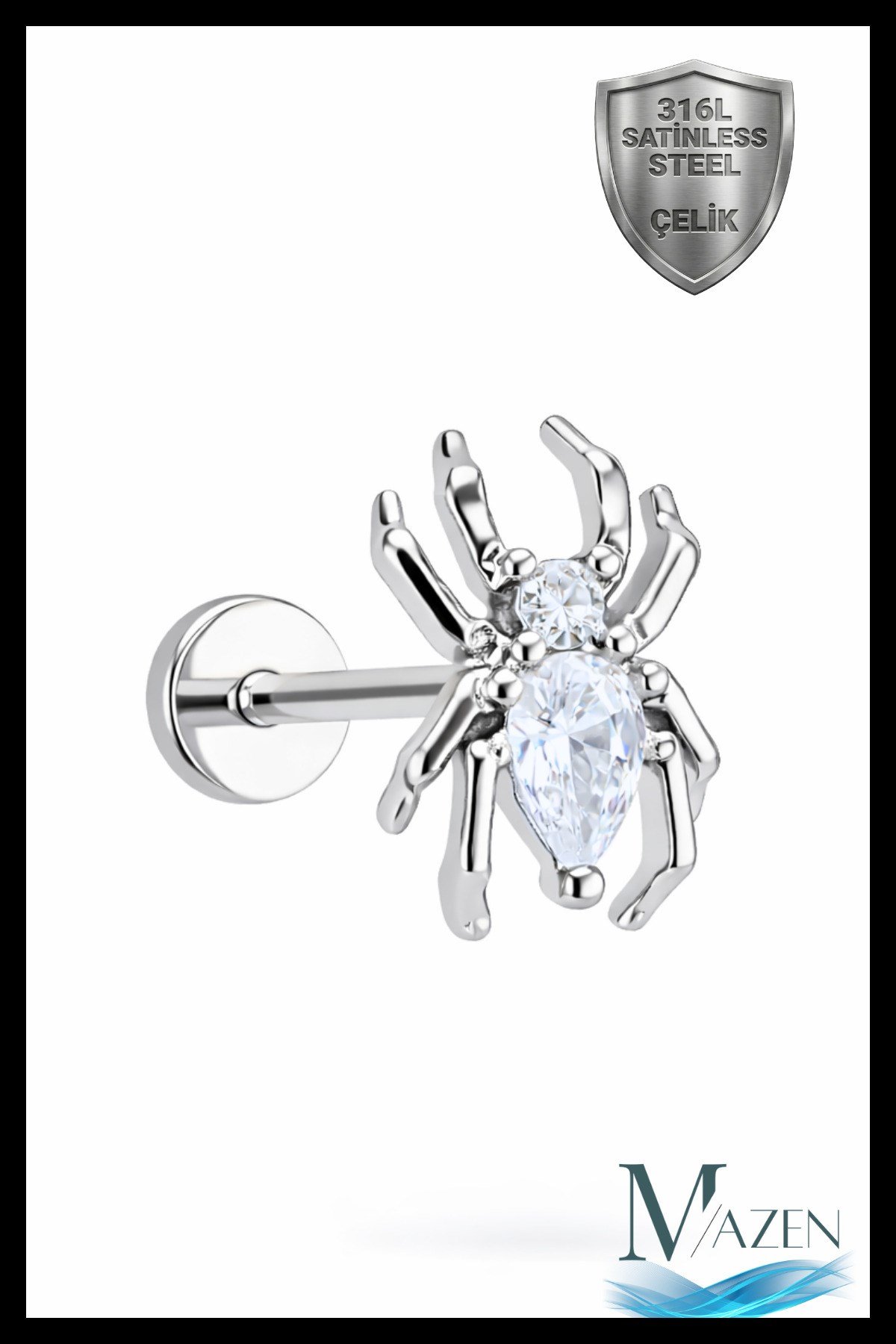 Örümcek Figürlü Zirkon Taşlı Helix Tragus Piercing | 316L Çelik | Arkası Düz