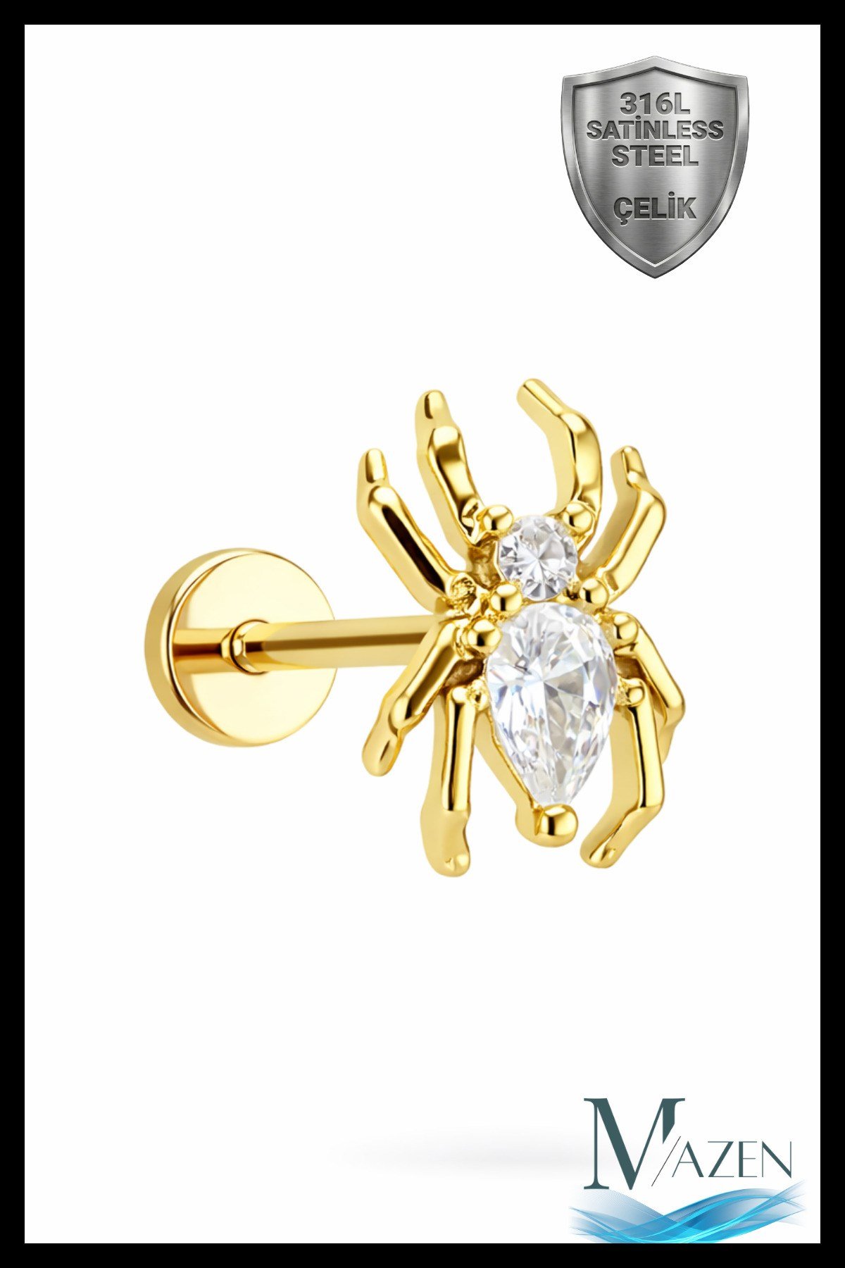 Örümcek Figürlü Zirkon Taşlı Helix Tragus Piercing | 316L Çelik | Arkası Düz