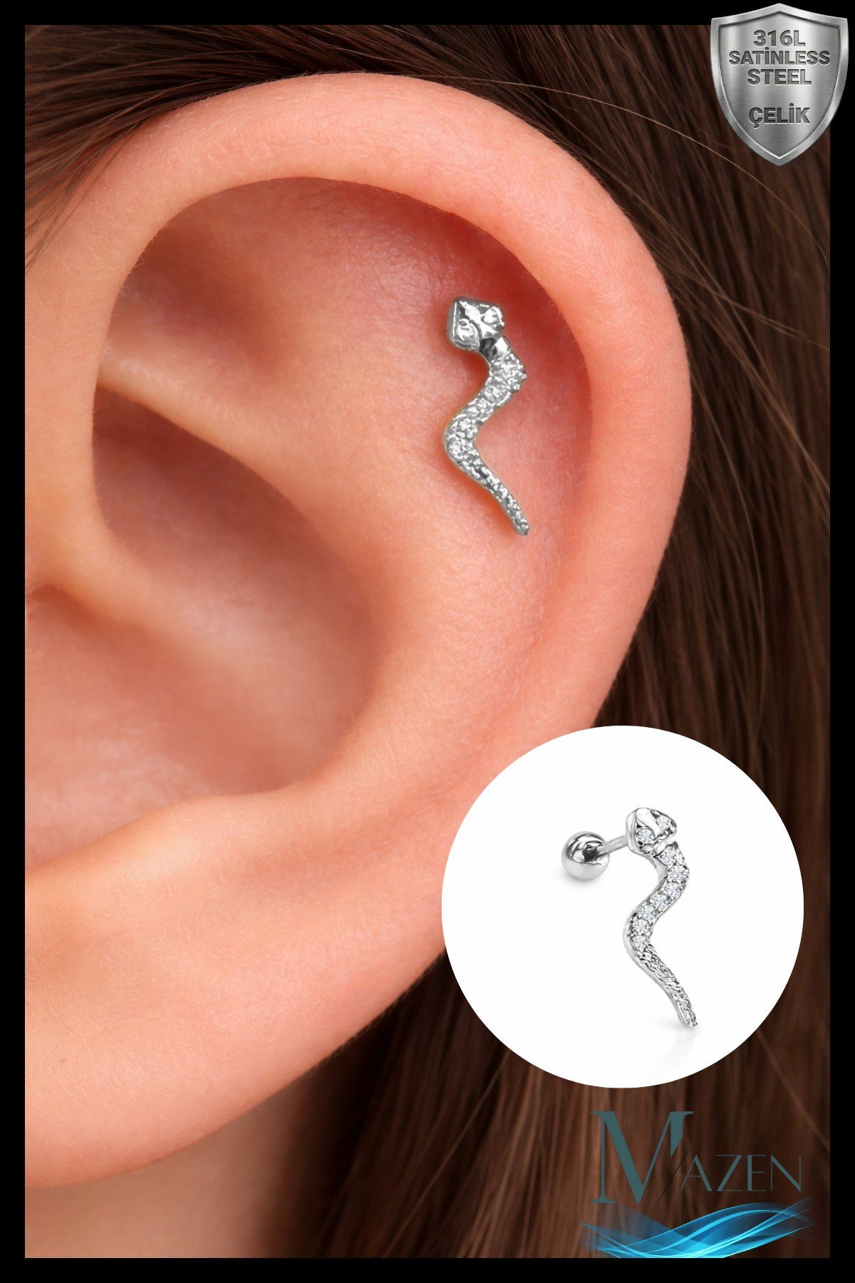 Paslanmaz Kararmazi Çelik Yılan Tragus, Kıkırdak, Helix 8mm Piercing (İKİ TARAFLI AÇILABİLİR)