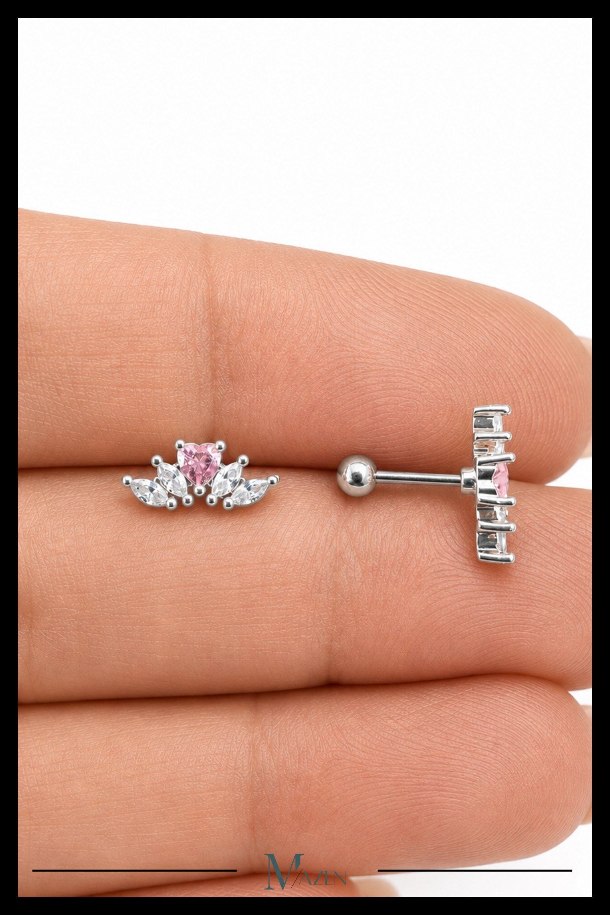 Pembe Taş Kavis Tragus Piercing Çelik Gümüş Renk Kalp Taş Detaylı