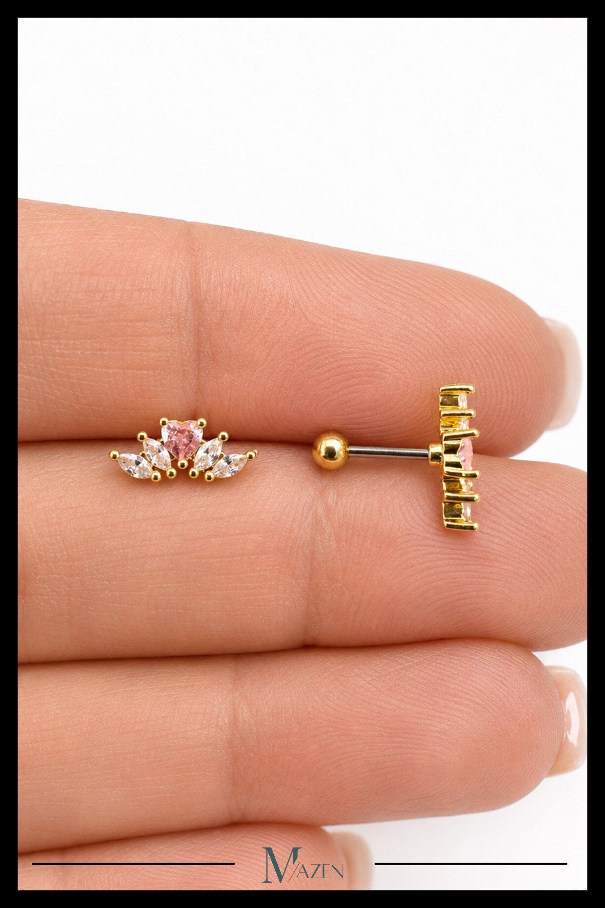 Pembe Taş Kavis Tragus Piercing Çelik Gold Renk Kalp Taş Detaylı