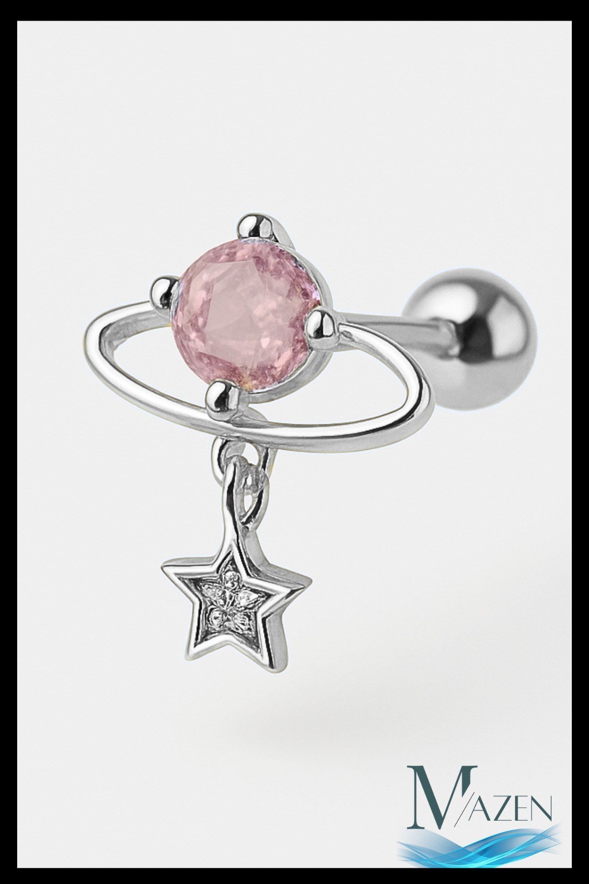Pembe Taşlı Gezegen ve Yıldız Model Çelik Tragus Helix Piercing | Kadın Kulak Kıkırdak Aksesuar