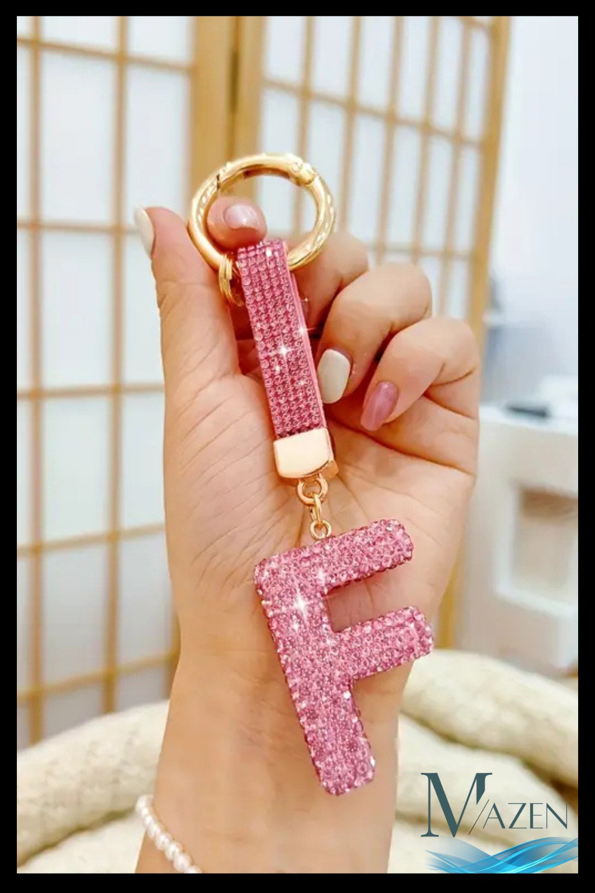 Pembe VIP F Harfi Anahtarlık | Taşlı Charm | Çanta Uyumlu Işıltılı Aksesuar