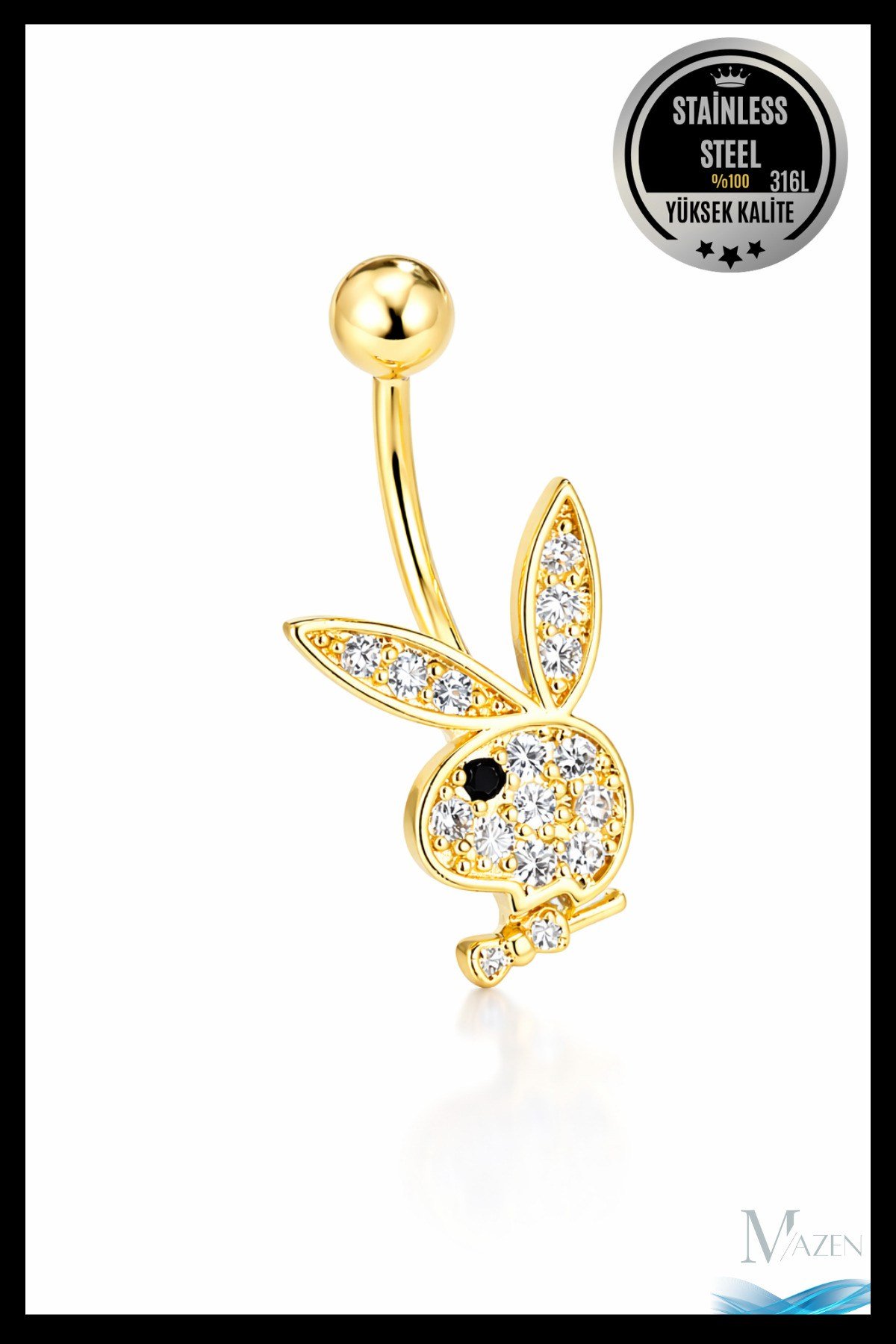 Playboy Tavşan Figürlü Göbek Piercing | 316L Çelik | Gold | Taşlı Kadın Takı