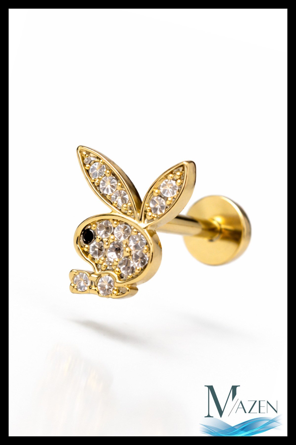 Playboy Tavşan Figürlü Tragus Helix Piercing | Zirkon Taşlı | Gold Renk | Çelik Bar