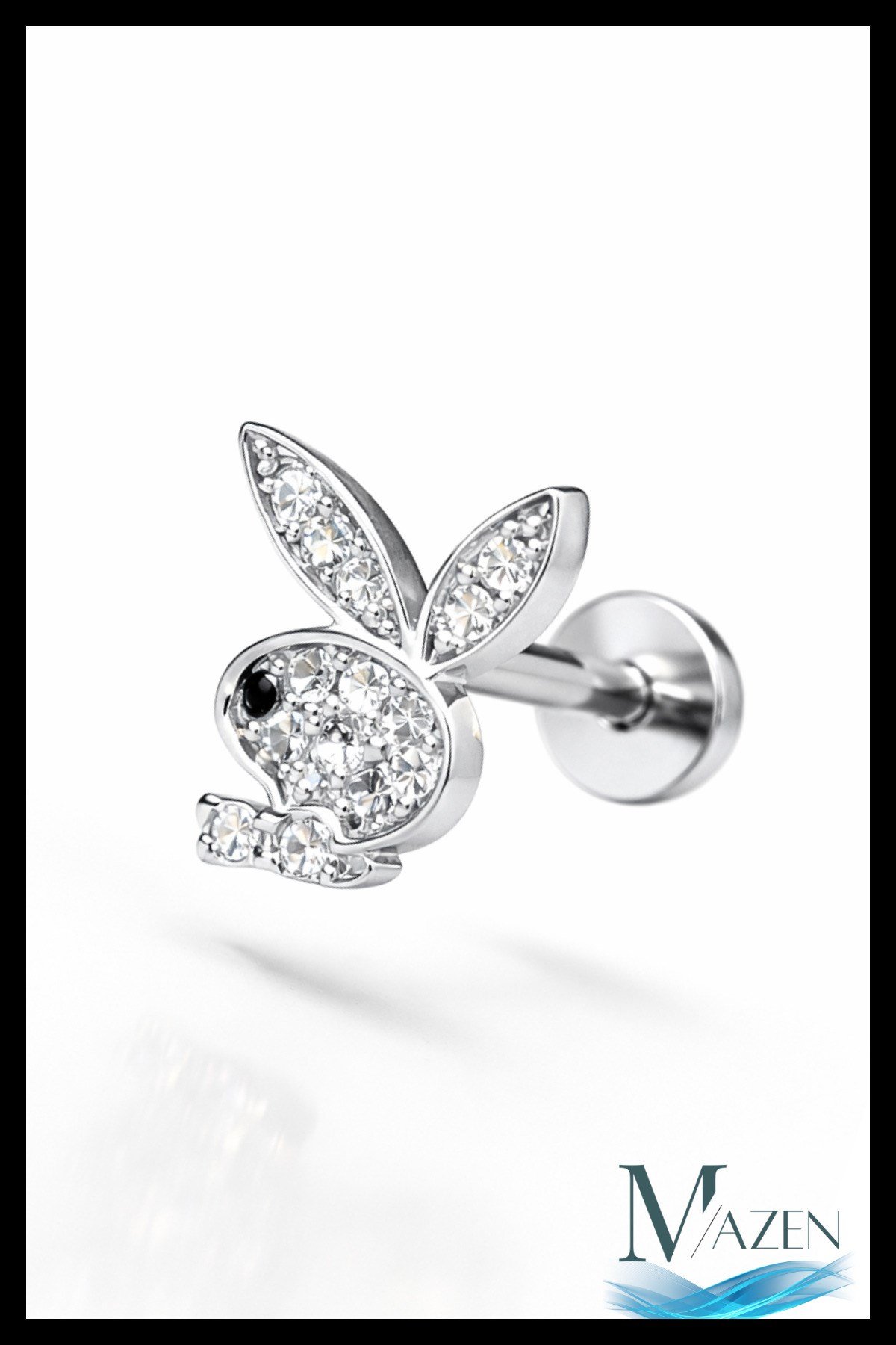 Playboy Tavşan Figürlü Tragus Helix Piercing | Zirkon Taşlı | Gümüş Renk | Çelik Bar