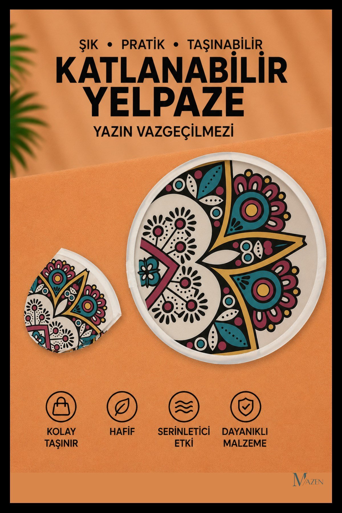 Renkli Simetri Desen Katlanabilir Yuvarlak Yazlık Taşınabilir El Yelpazesi