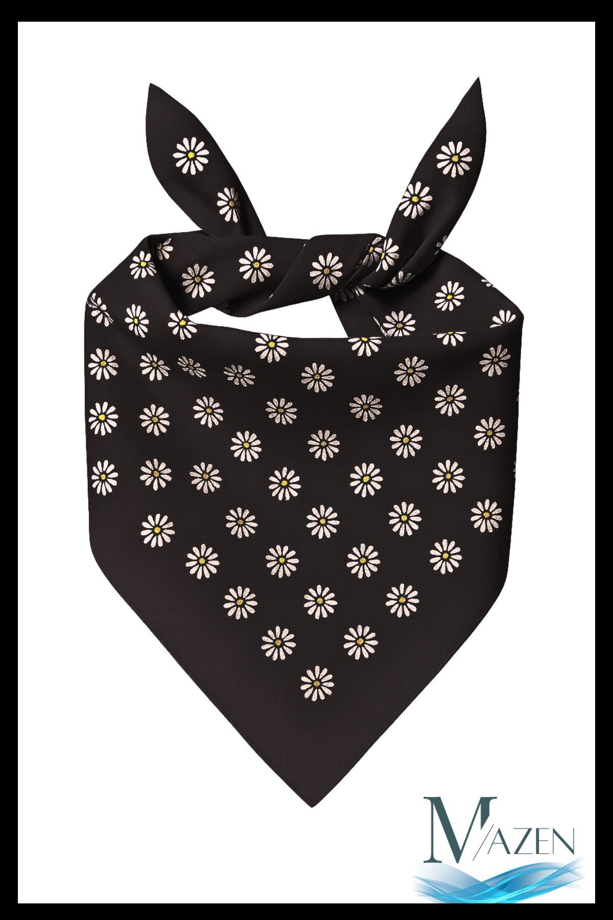 Siyah Bandana | Beyaz Papatya Desenli | Unisex Fular & Aksesuar 50x50