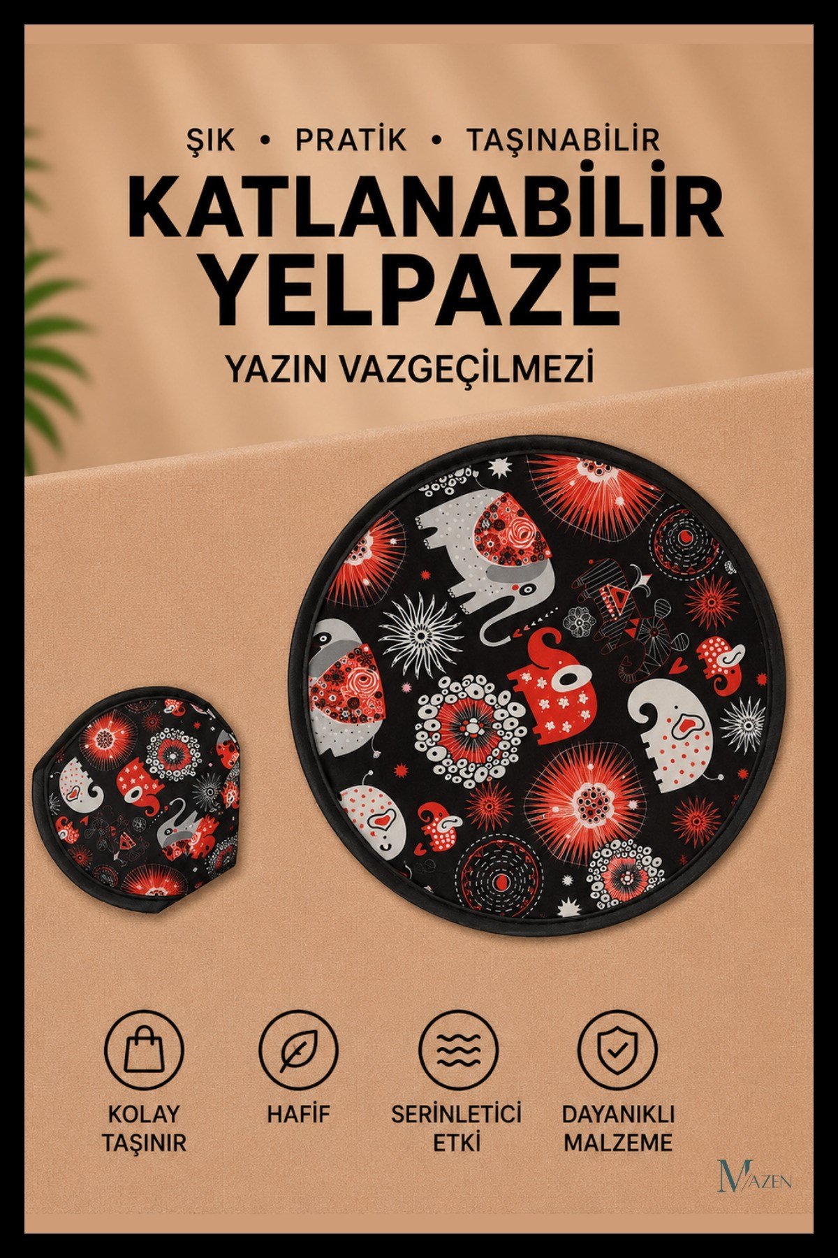 Siyah-Gri Fil Desen Katlanabilir Yuvarlak Yazlık Taşınabilir El Yelpazesi