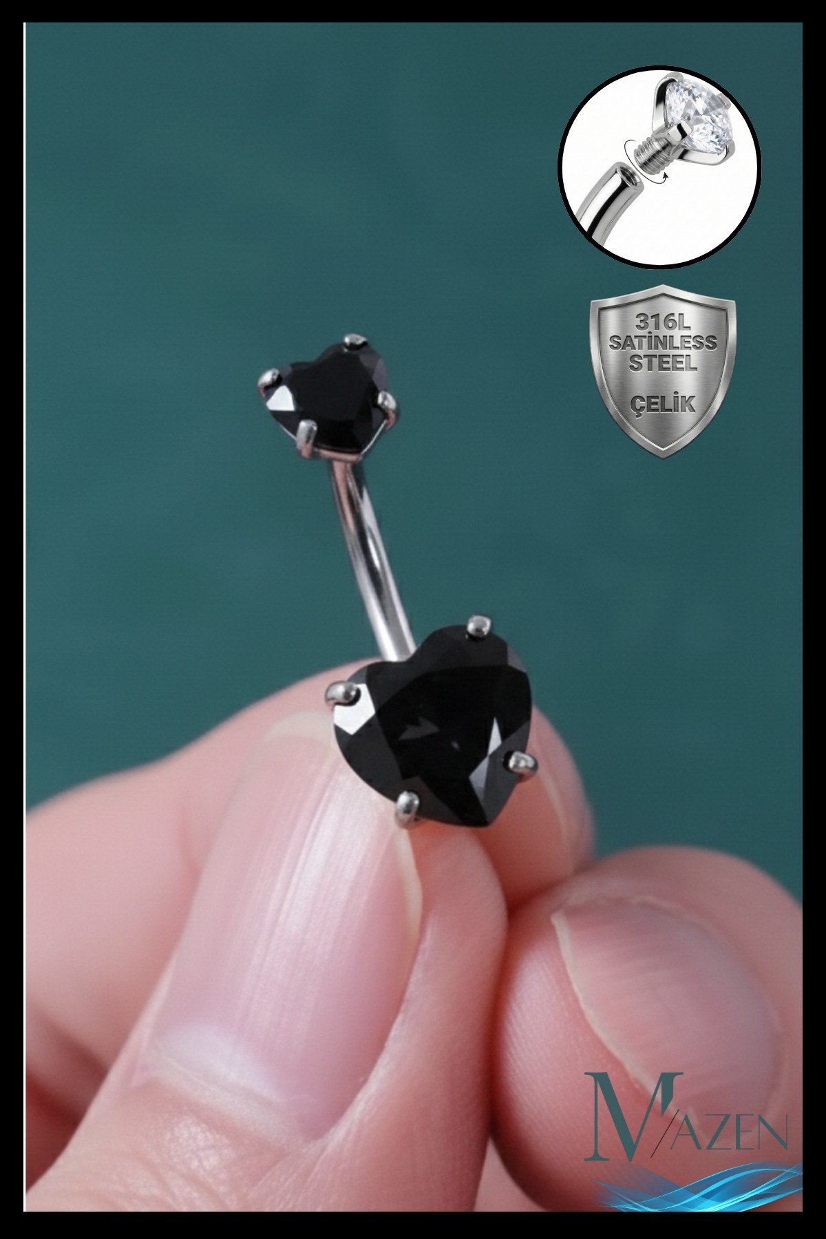 Siyah Kalp Zirkon Taşlı Göbek Piercing | 316L Çelik | Gri Bar | Kararmaz Antialerjik