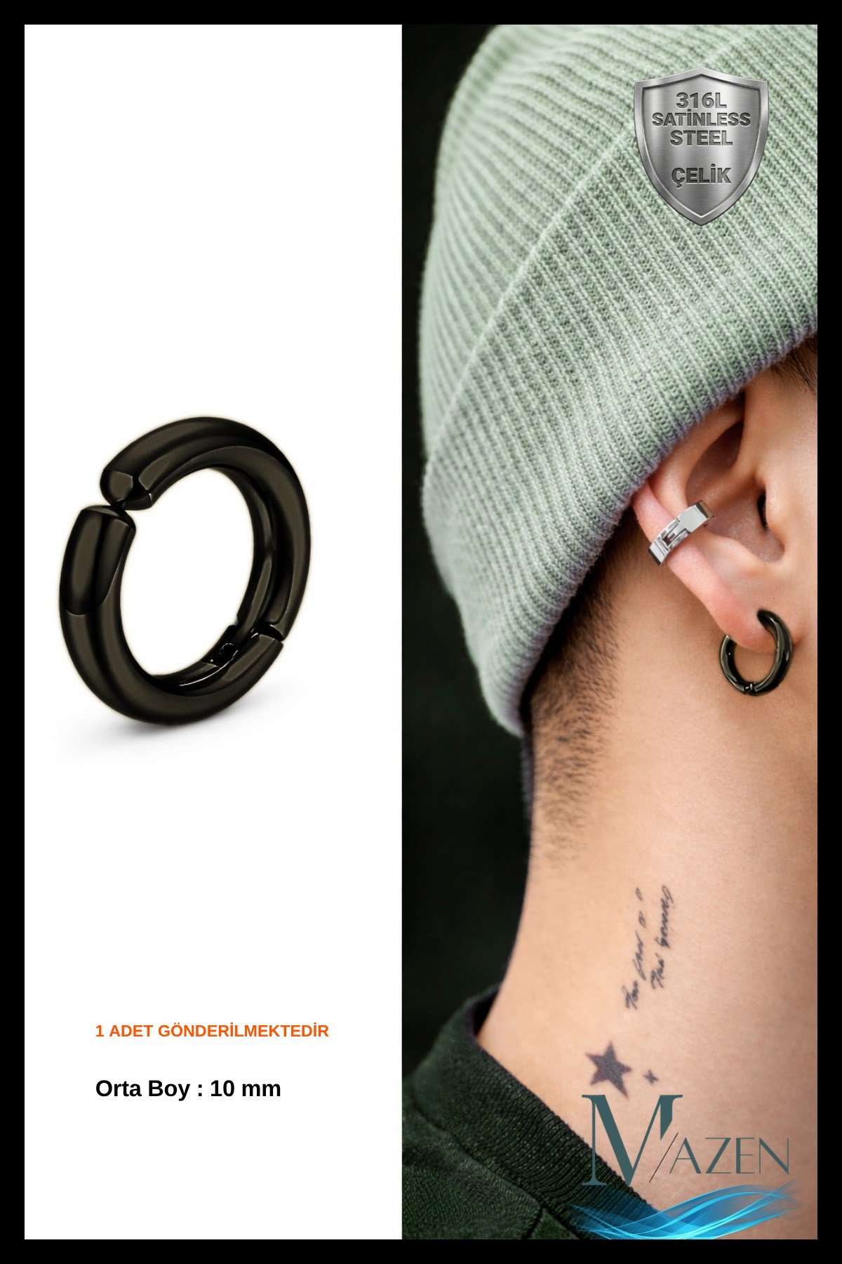 Siyah Sıkıştırmalı Deliksiz Fake 316l Paslanmaz Çelik Unisex Küpe Kıkırdak Küpe Ear Cuff (1 ADET)