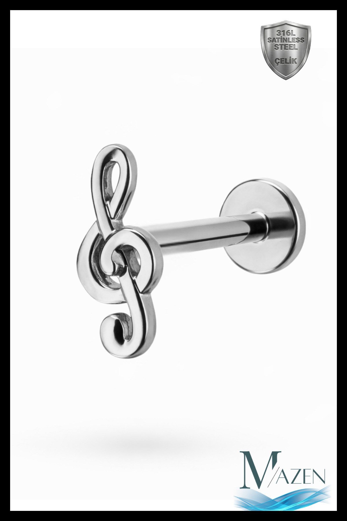 Sol Anahtarı Tragus Piercing | 316L Çelik | Arkası Düz (Flat Back) | Kararmaz Şık Tasarım