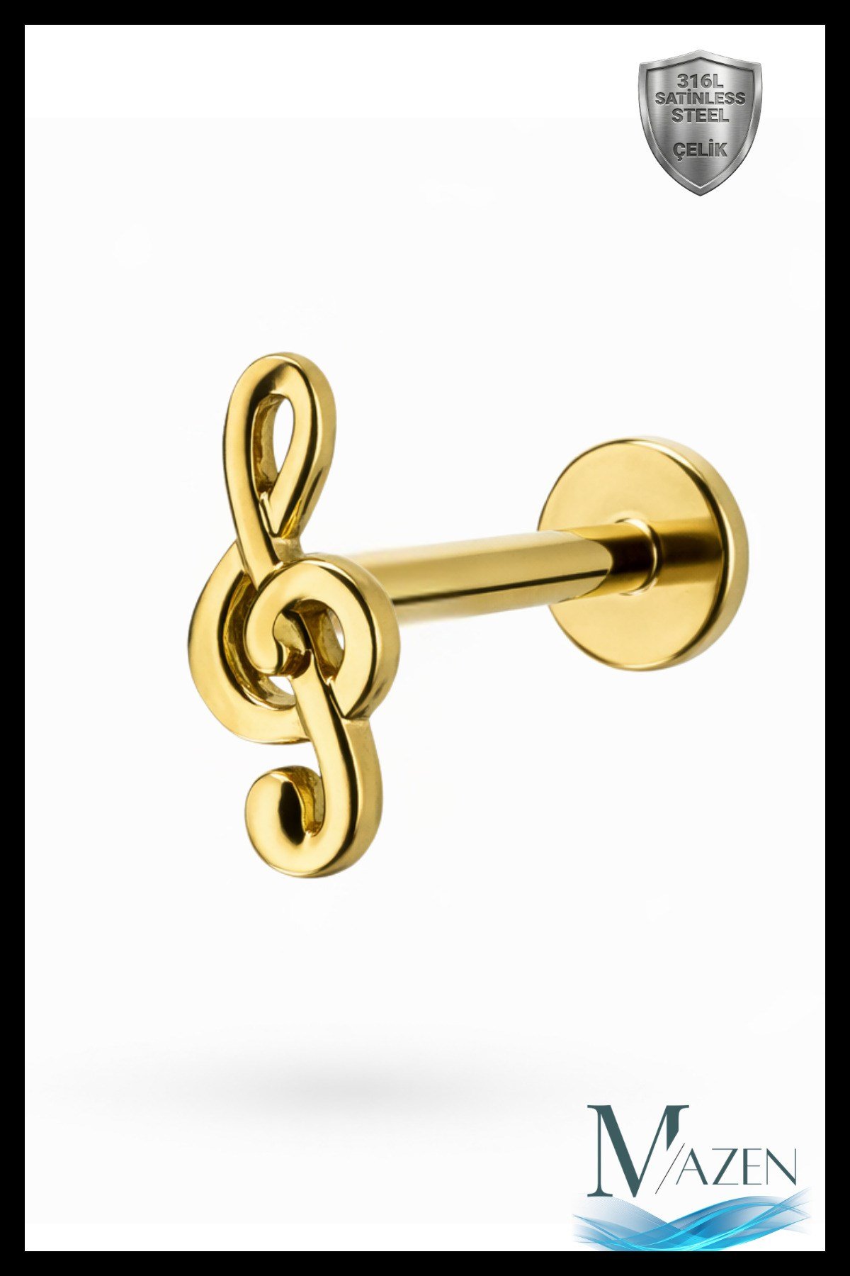 Sol Anahtarı Tragus Piercing | 316L Çelik | Arkası Düz (Flat Back) | Kararmaz Şık Tasarım