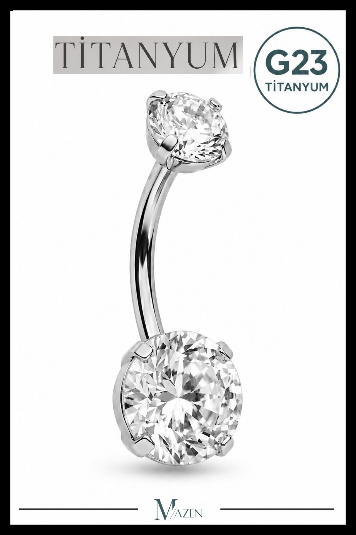 Titanyum G23 Belly Göbek Piercing Taşlı Hipoalerjenik Vidalı Gümüş Renk Premium Kalite