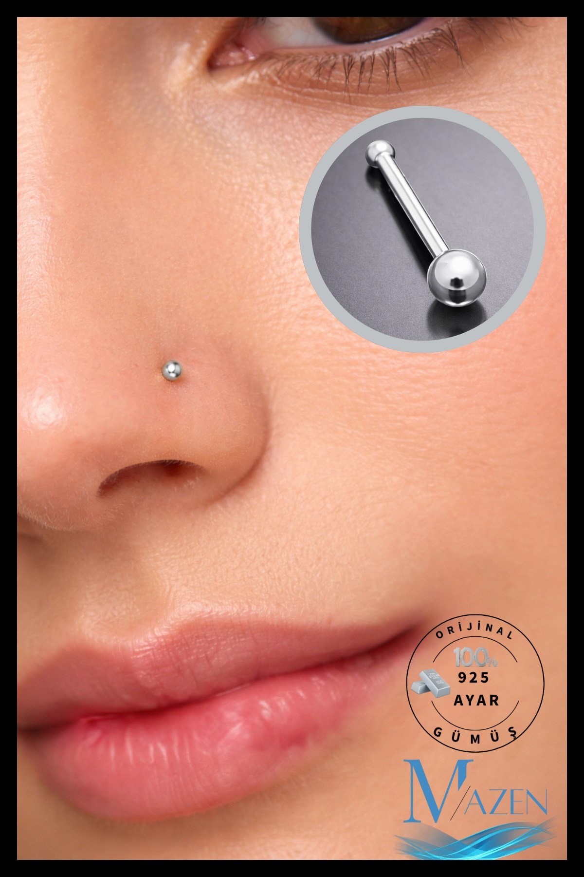 Top Uçlu Hızma Burun Piercing | 925 Ayar Gümüş | Gümüş Renk | Minimal Takı 1 Adet