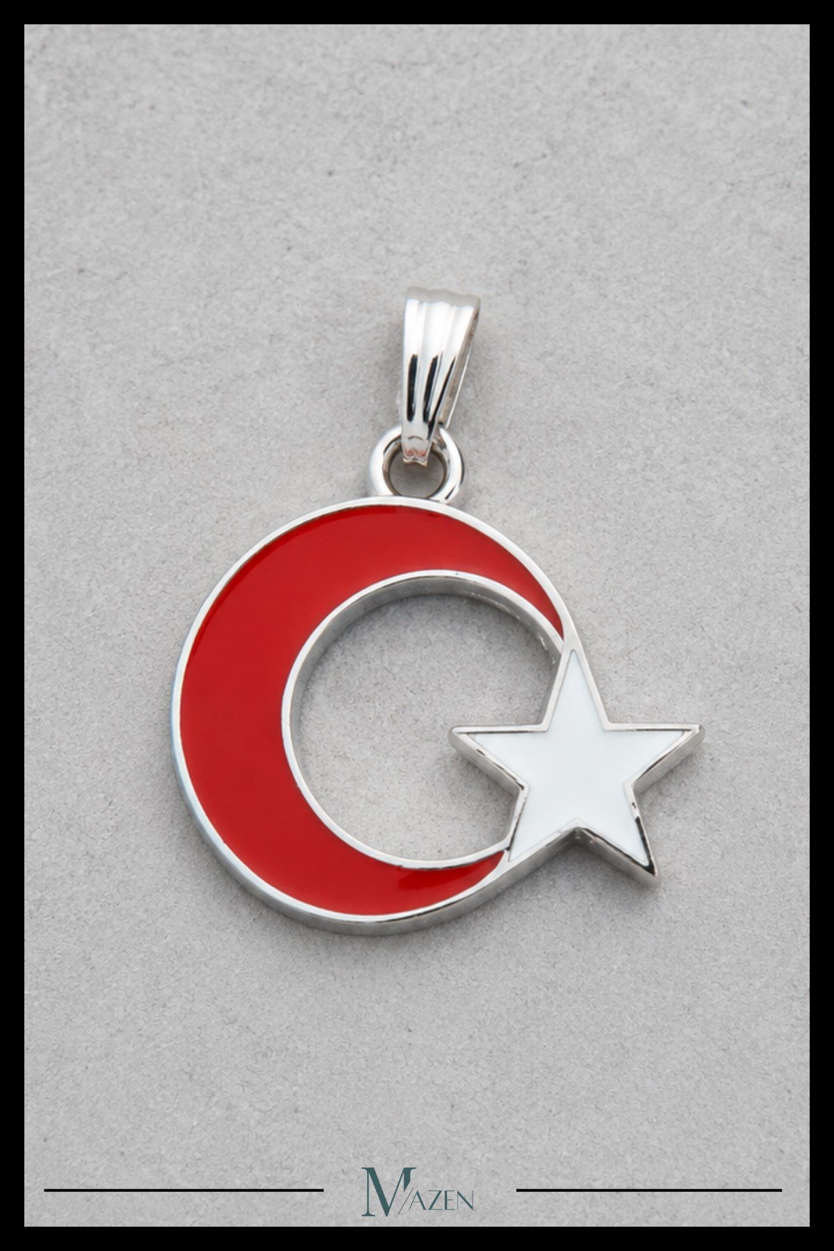 Türk Bayrağı Ay Yıldız Figürlü Gümüş Renk Kolye Ucu Kırmızı Beyaz Tasarım