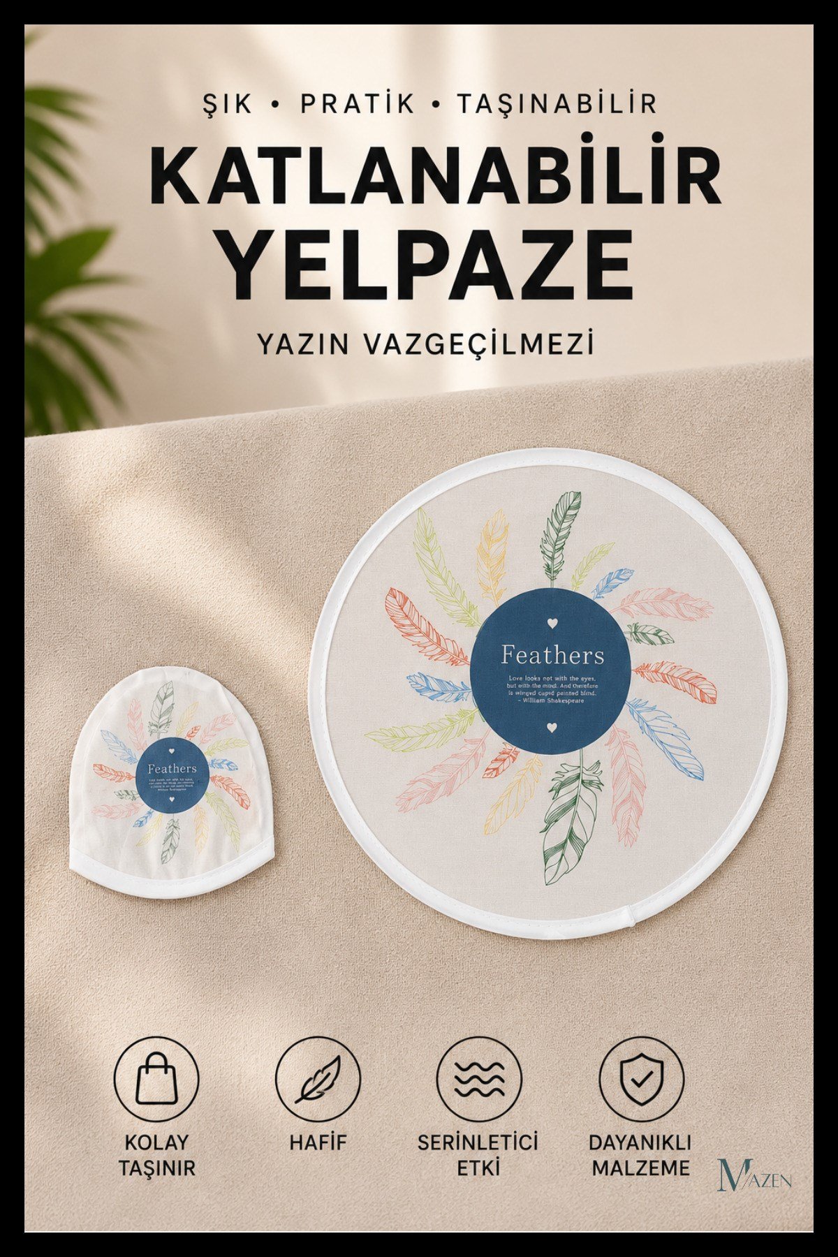 Tüy Desenli Katlanabilir Yuvarlak Yazlık Taşınabilir El Yelpazesi