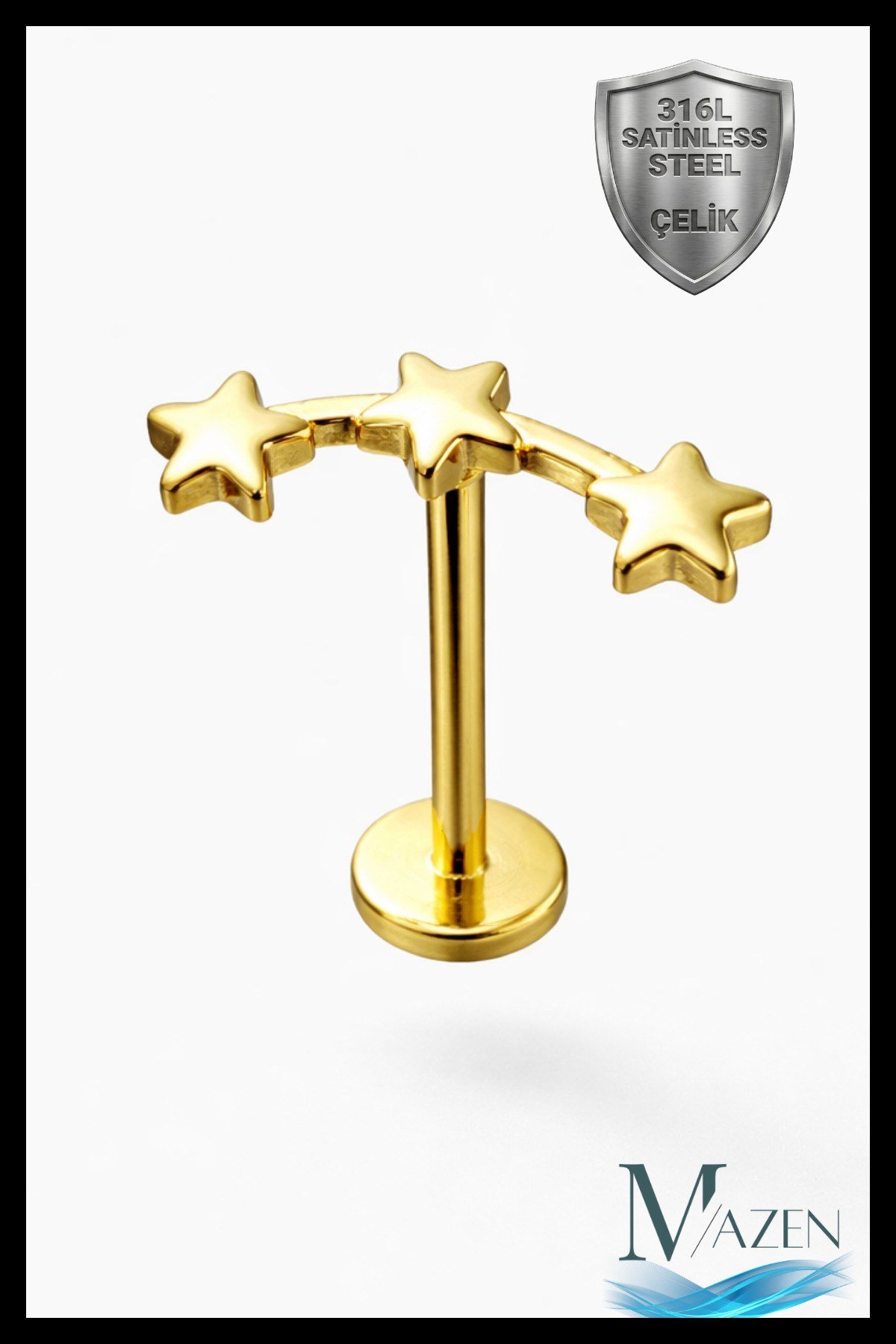 Üçlü Yıldız Helix Piercing | 6 mm Bar | Gold 316L Çelik Flat Back Tragus Gold Renk