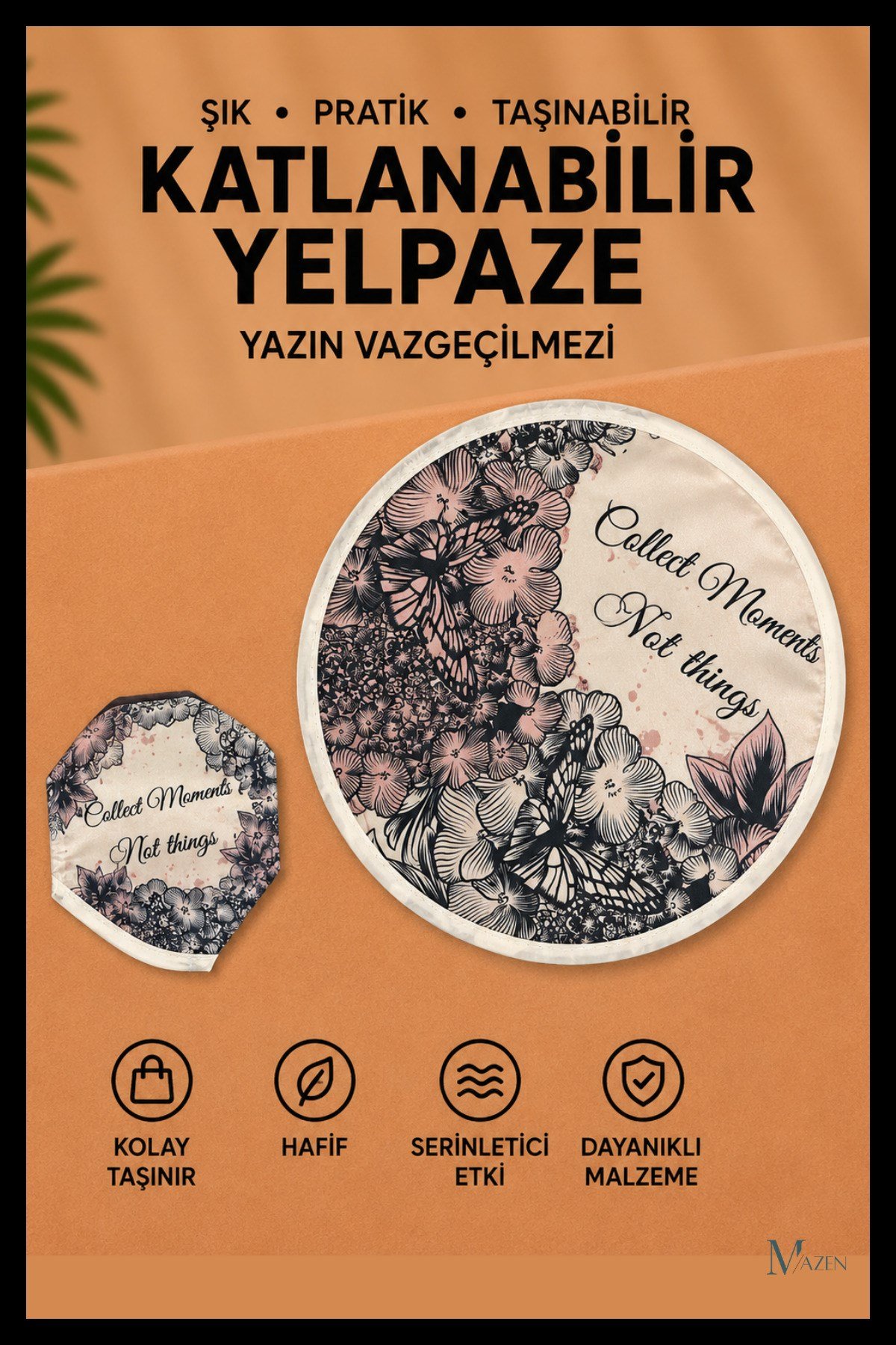 Yazılı Vintage Çiçek Desen Katlanabilir Yuvarlak Yazlık Taşınabilir El Yelpazesi