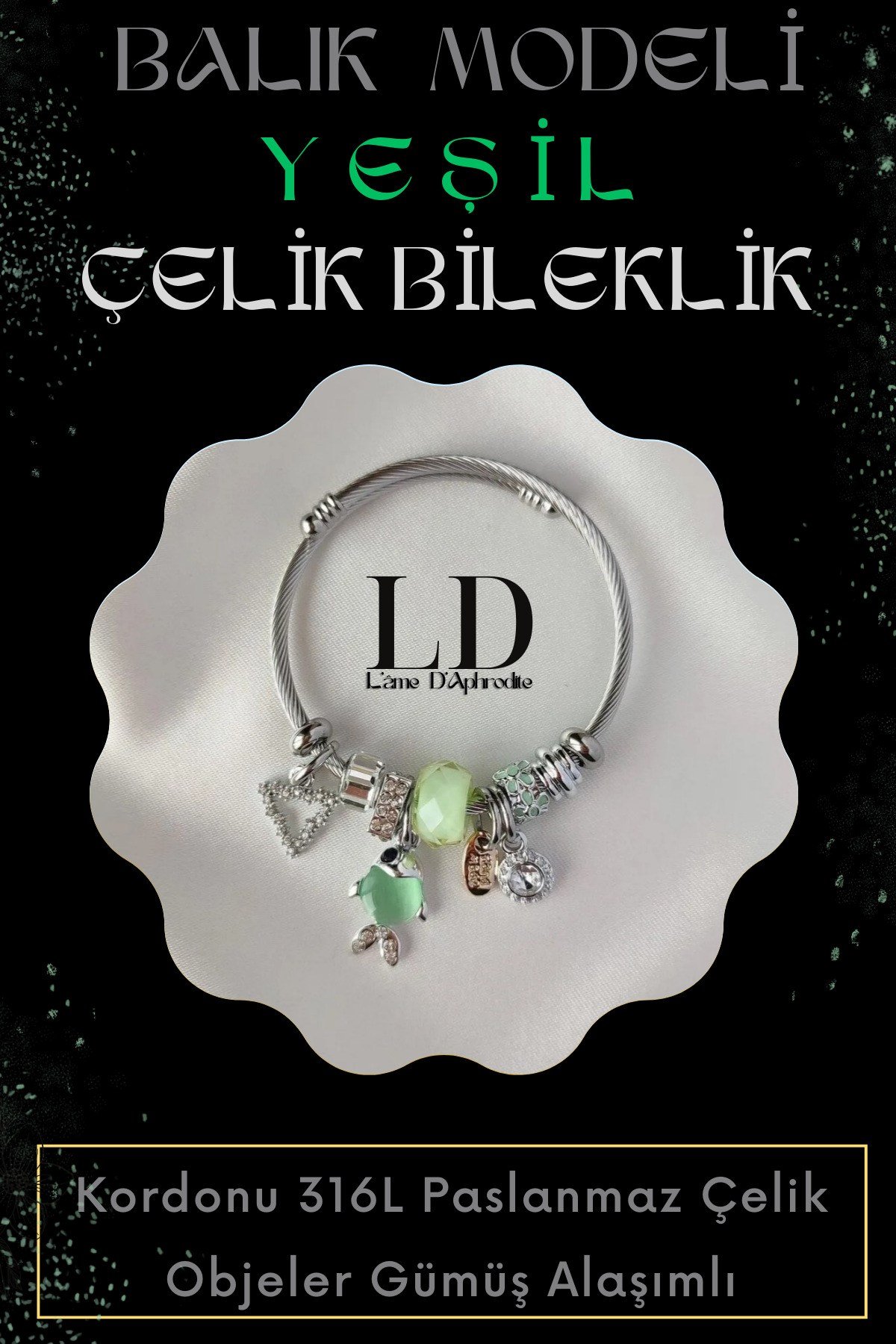 Yeşil Balıklı Halkası Charmlı Gümüş Alaşımlı Paslanmaz Çelik Bileklik BİL001