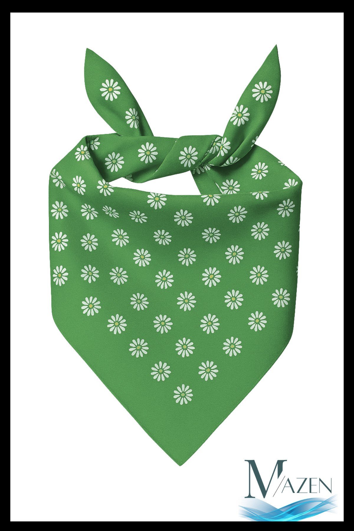 Yeşil Renk Bandana | Beyaz Papatya Desenli | Unisex Fular & Aksesuar 50x50