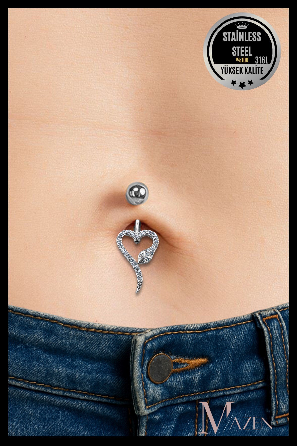 Yılan Figürlü Kalp Model Sallantılı Göbek Piercing | 316L Çelik | Kadın Takı Aksesuar | Pirsing